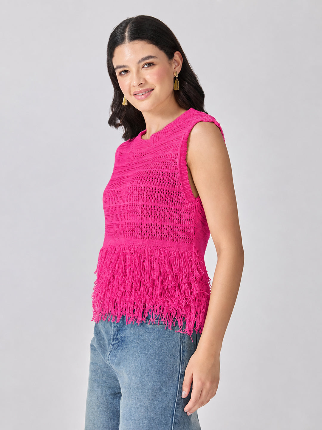 Women’s Open-Knit Textured Pink Crochet Top with Fringe Hem