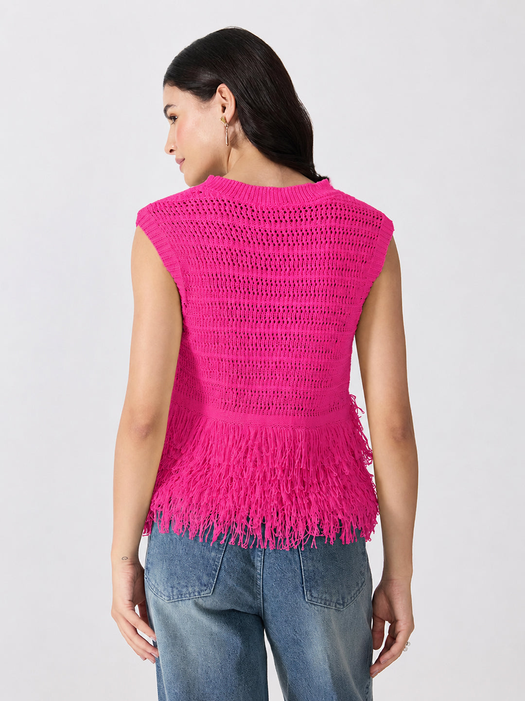 Women’s Open-Knit Textured Pink Crochet Top with Fringe Hem