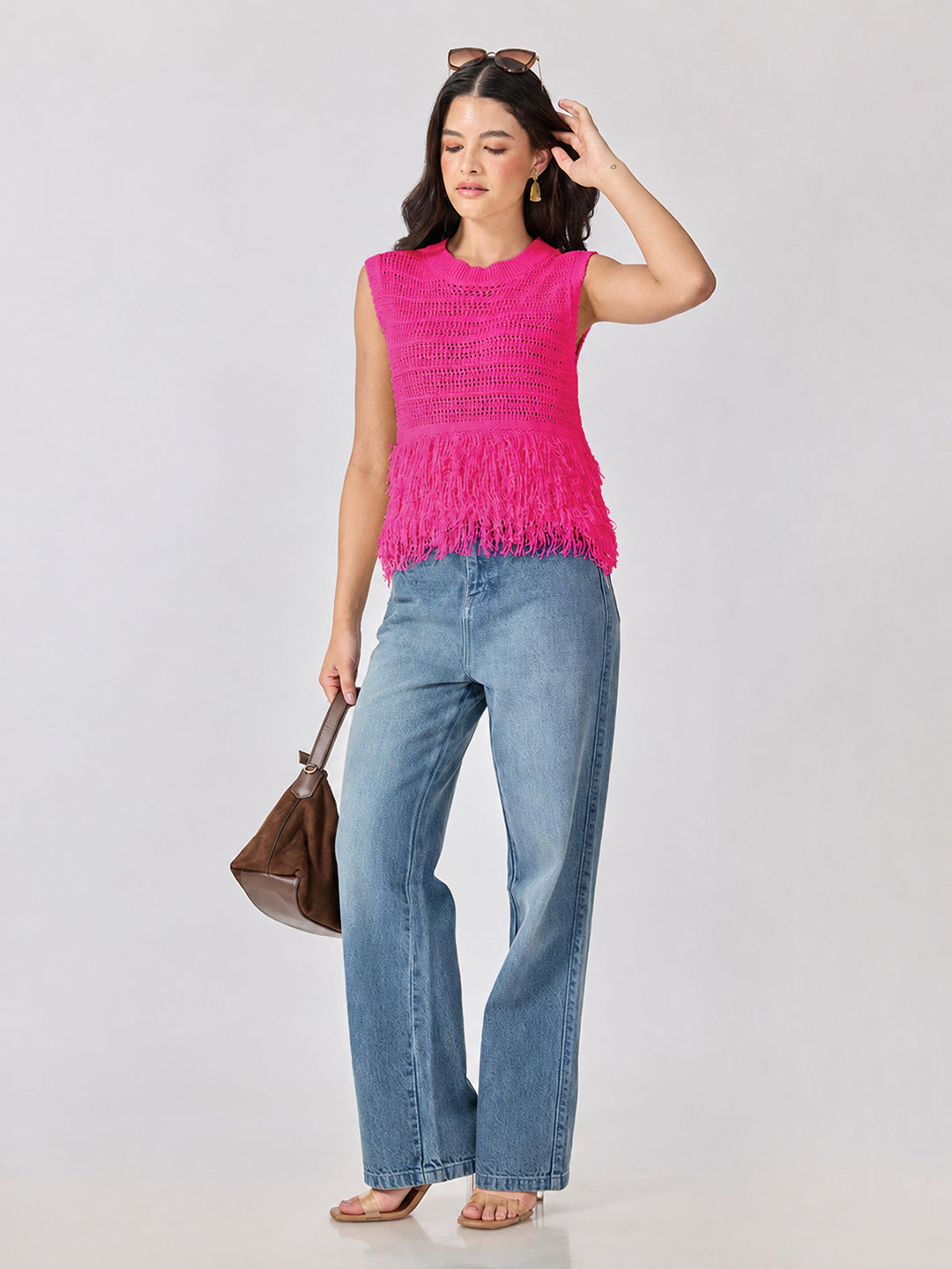 Women’s Open-Knit Textured Pink Crochet Top with Fringe Hem