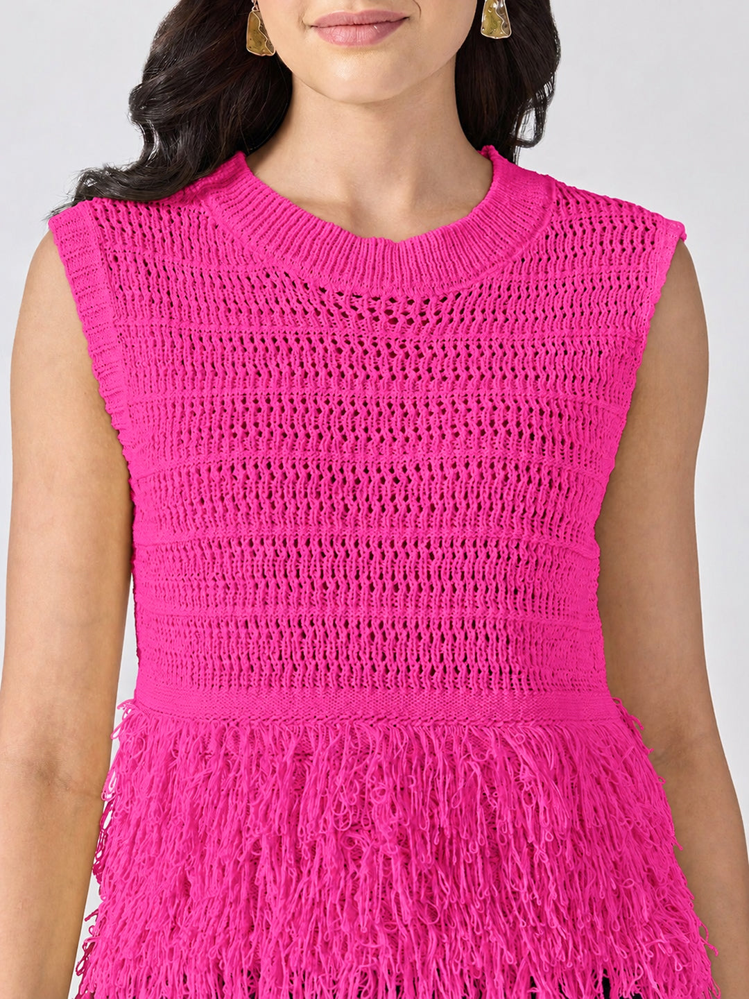Women’s Open-Knit Textured Pink Crochet Top with Fringe Hem