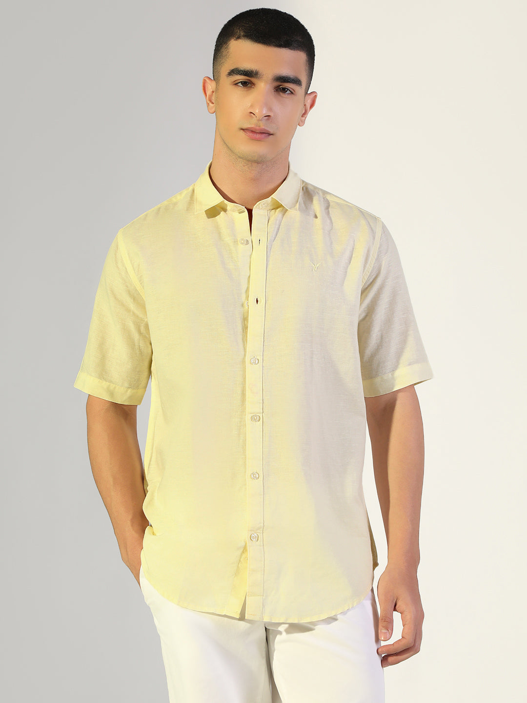 Men's Yellow Regular Fit Short Sleeve Casual Shirt