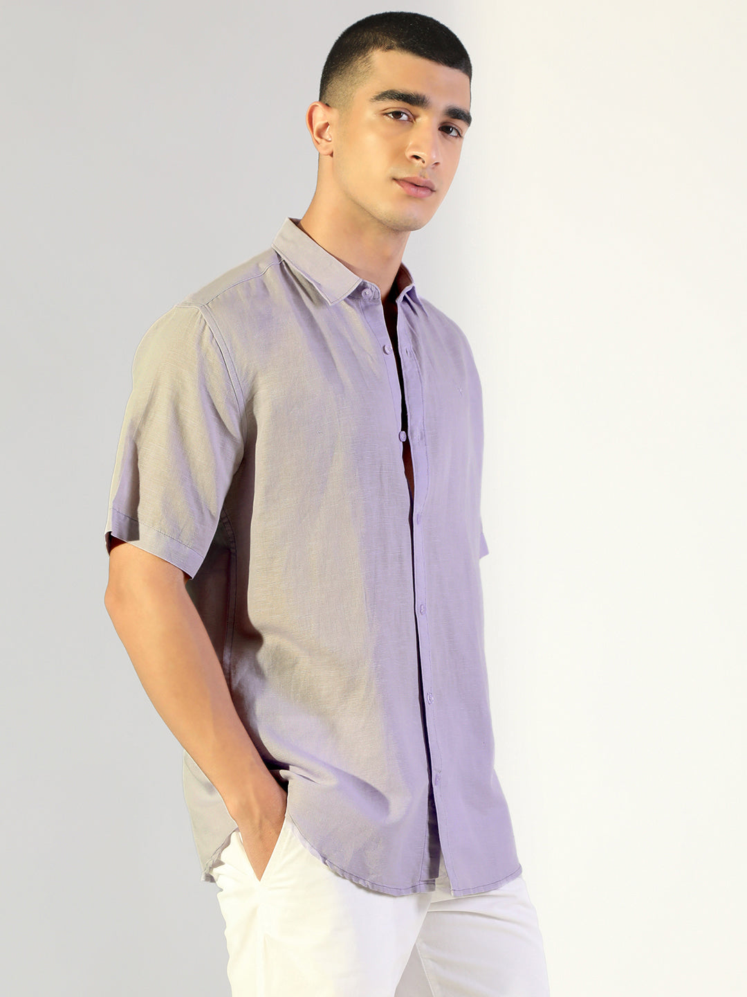 Men's Lavender Regular Fit Short Sleeve Casual Shirt