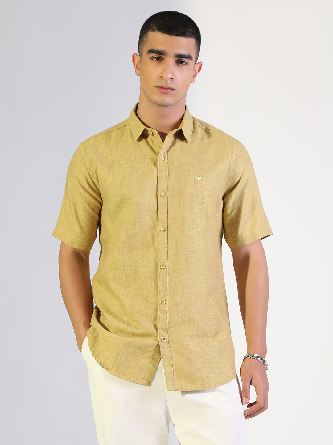 Men's Mustard Regular Fit Short Sleeve Casual Cotton Linen Shirt
