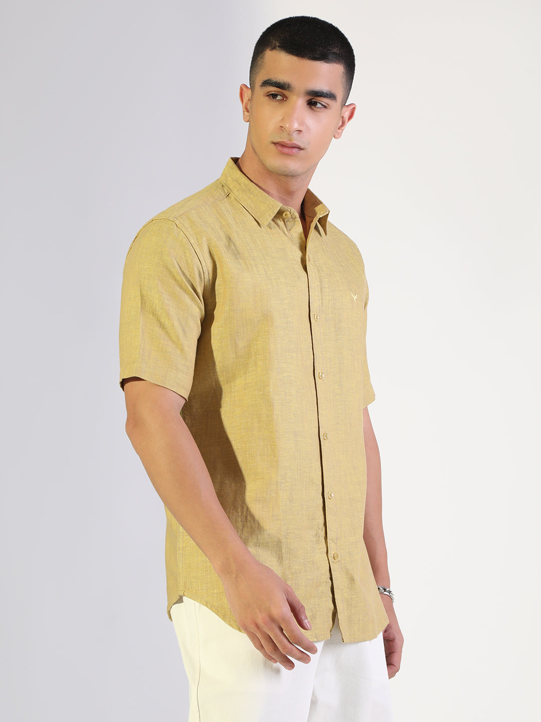 Men's Mustard Regular Fit Short Sleeve Casual Cotton Linen Shirt
