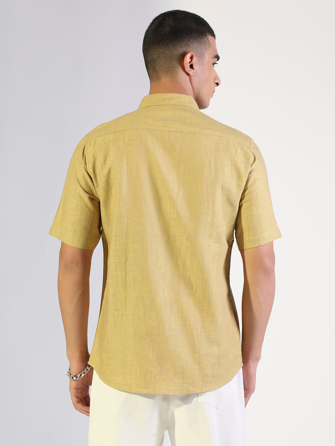 Men's Mustard Regular Fit Short Sleeve Casual Cotton Linen Shirt