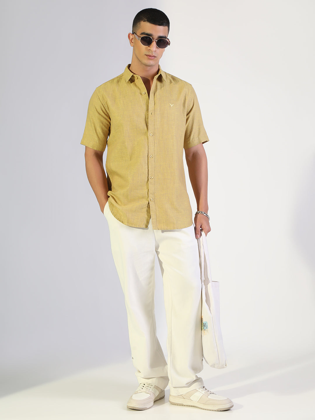 Men's Mustard Regular Fit Short Sleeve Casual Cotton Linen Shirt