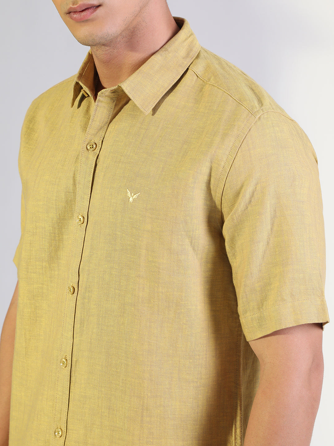 Men's Mustard Regular Fit Short Sleeve Casual Cotton Linen Shirt