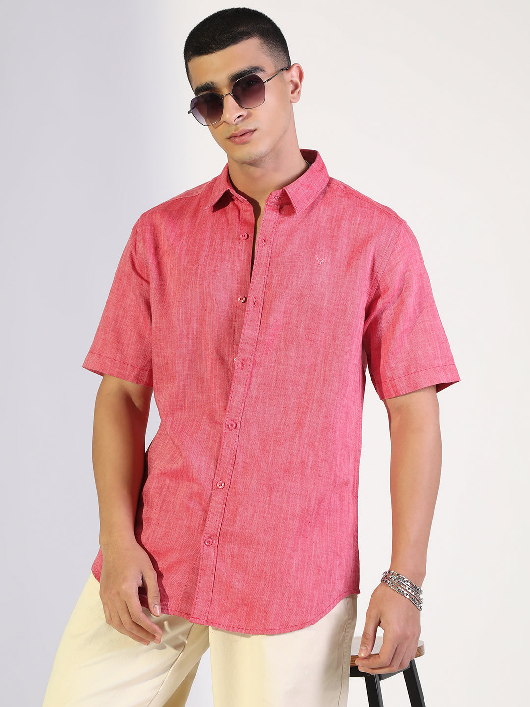 Men's Pink Regular Fit Short Sleeve Casual Cotton Linen Shirt