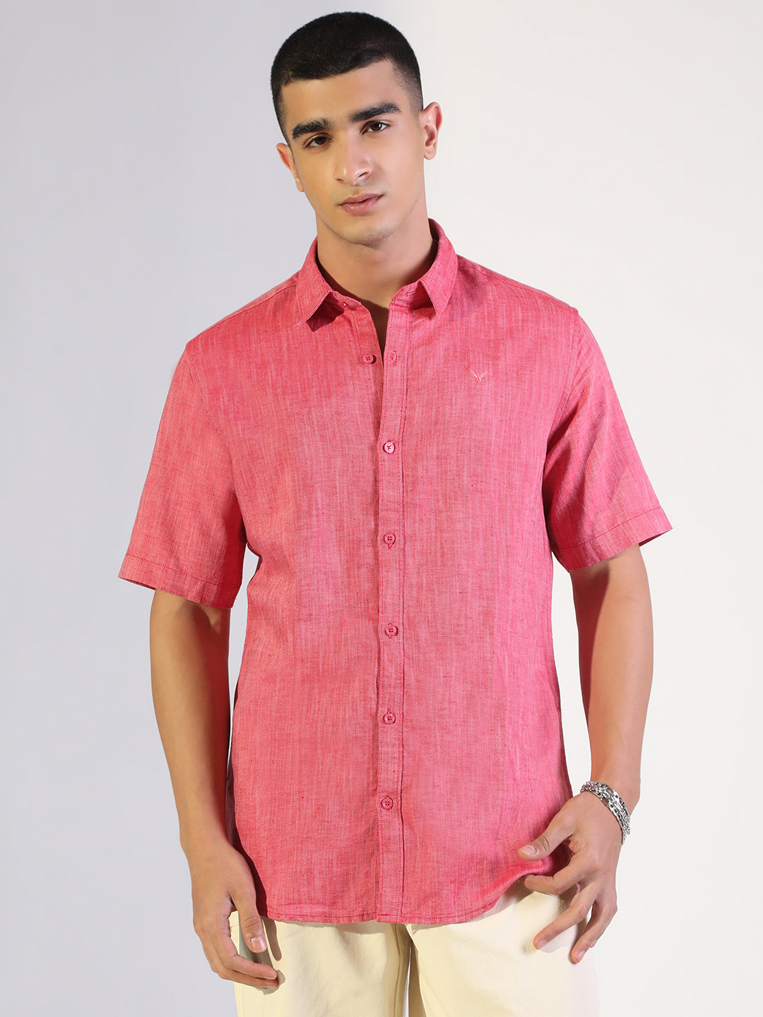 Men's Pink Regular Fit Short Sleeve Casual Cotton Linen Shirt