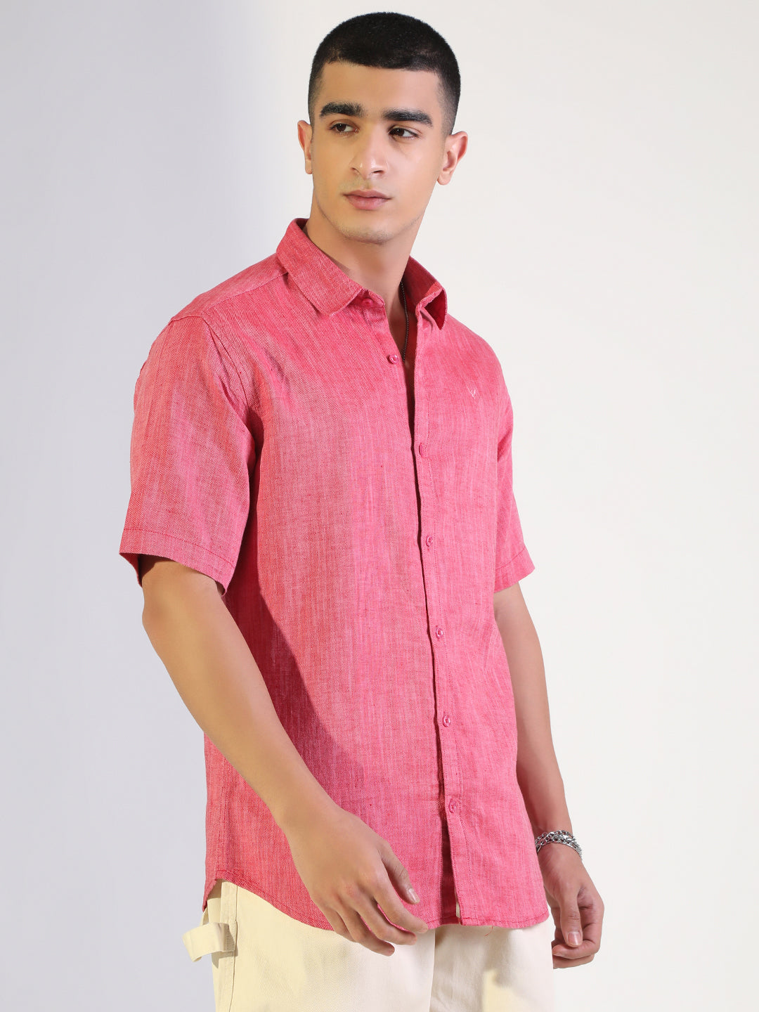 Men's Pink Regular Fit Short Sleeve Casual Cotton Linen Shirt