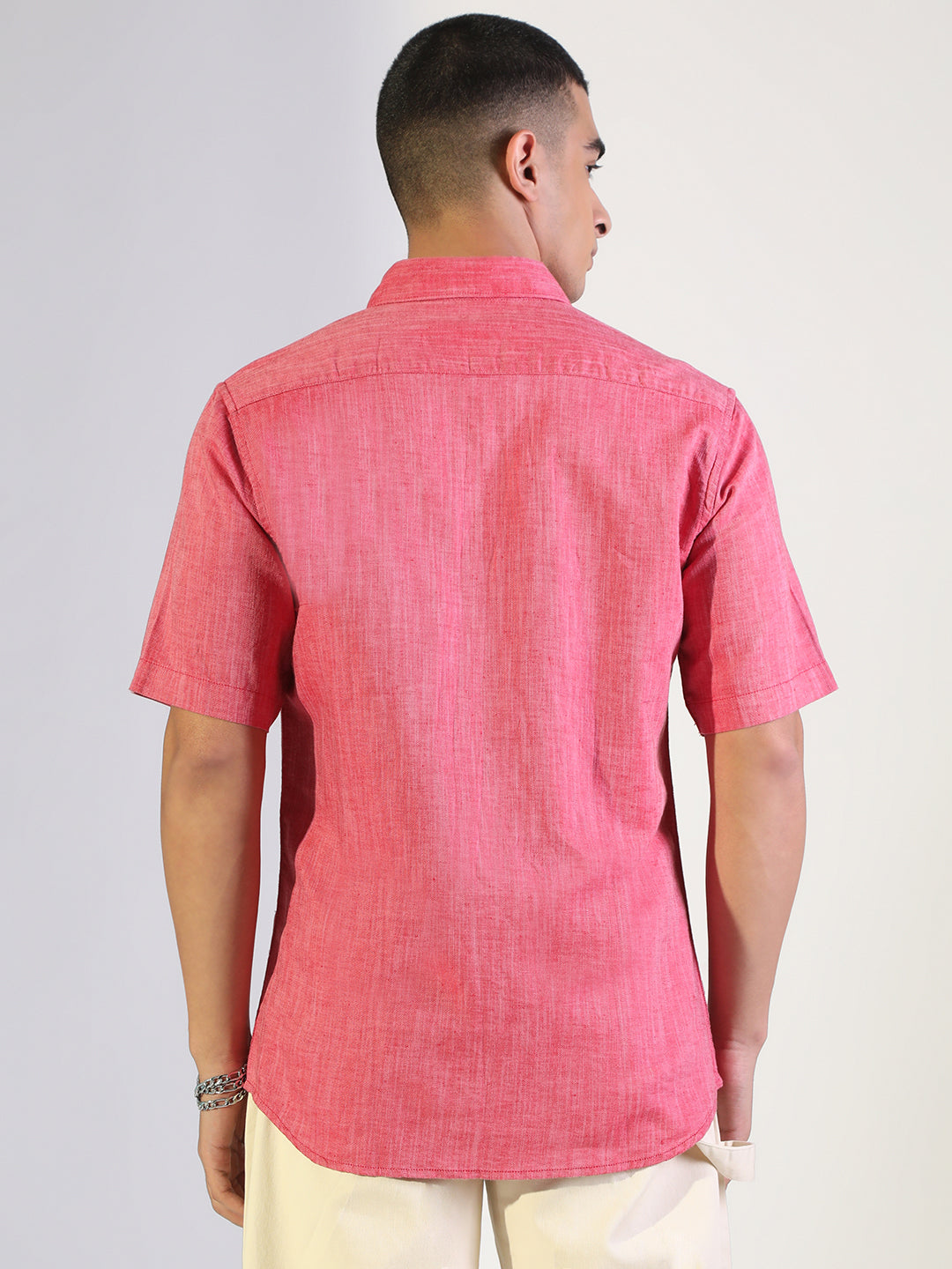 Men's Pink Regular Fit Short Sleeve Casual Cotton Linen Shirt