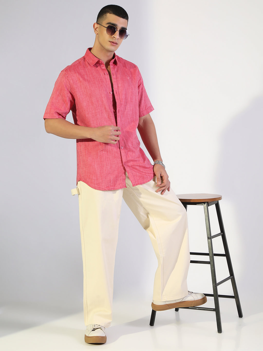 Men's Pink Regular Fit Short Sleeve Casual Cotton Linen Shirt