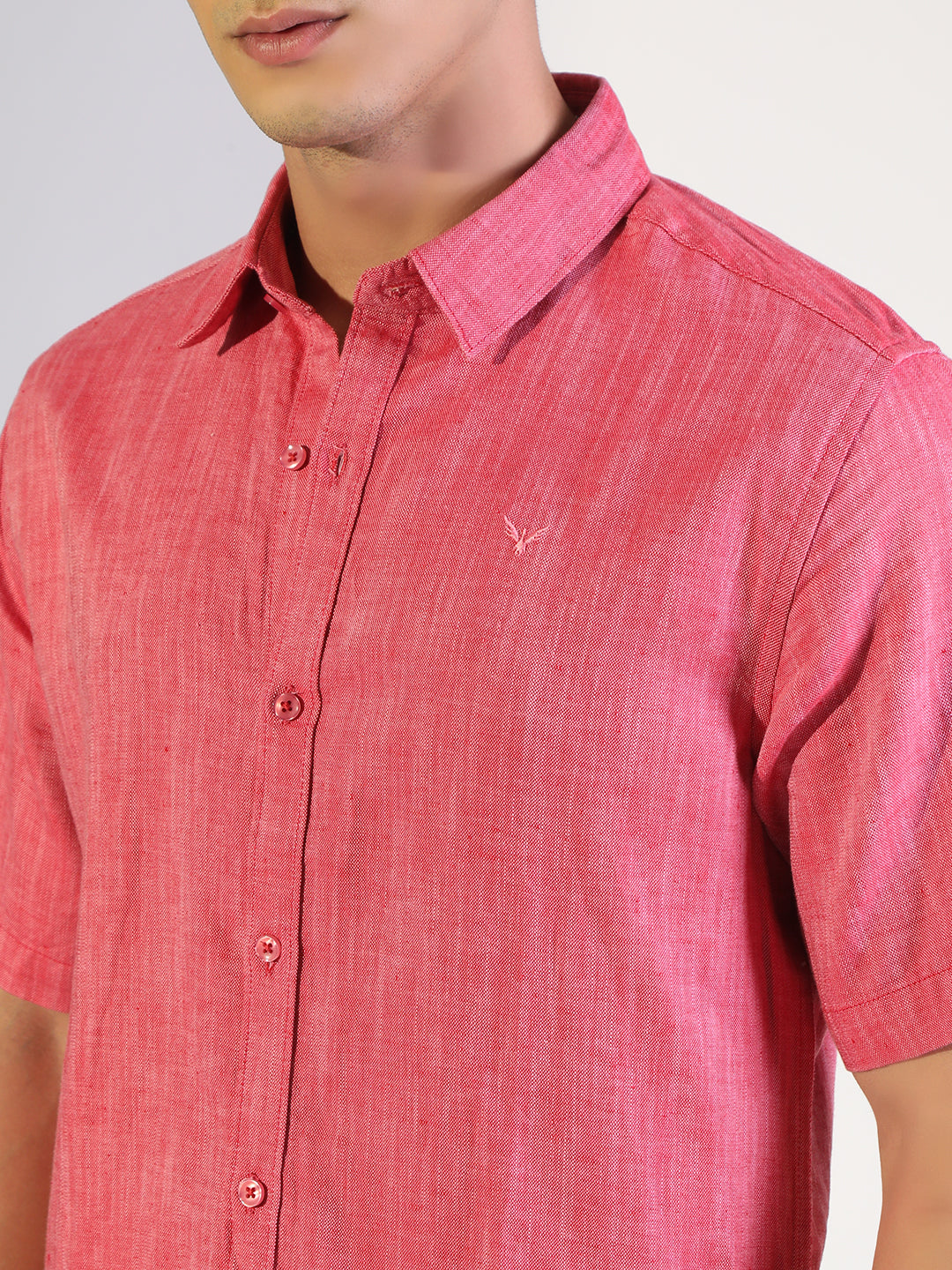 Men's Pink Regular Fit Short Sleeve Casual Cotton Linen Shirt