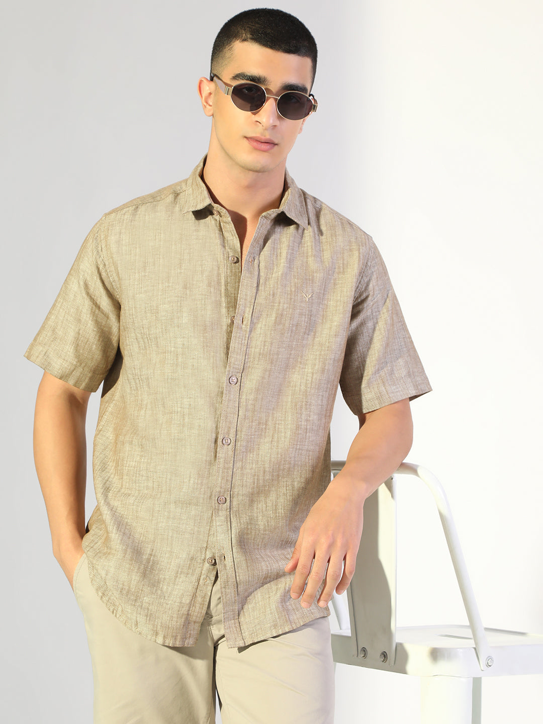 Men's Brown Regular Fit Short Sleeve Casual Cotton Linen Shirt