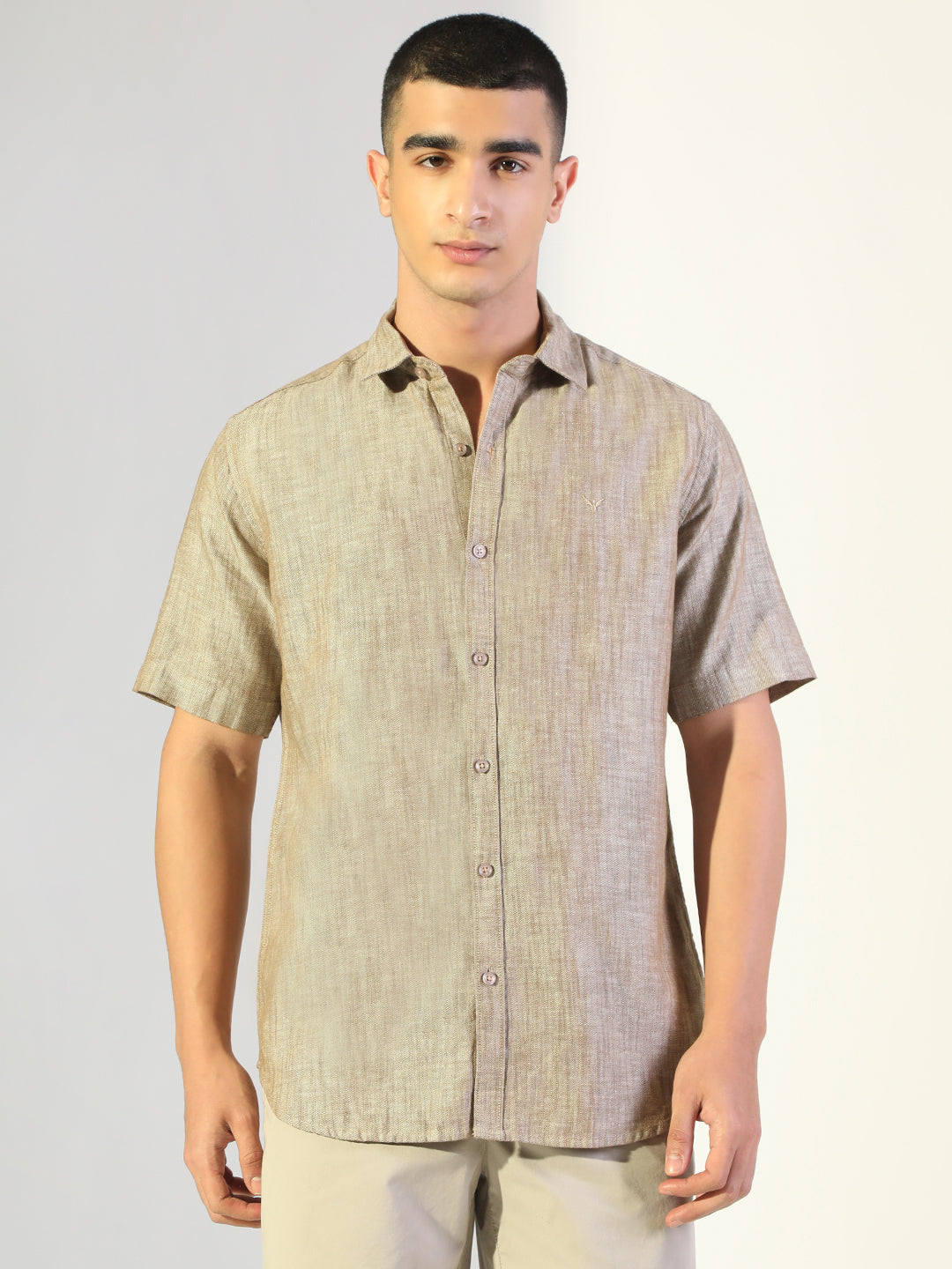 Men's Brown Regular Fit Short Sleeve Casual Cotton Linen Shirt