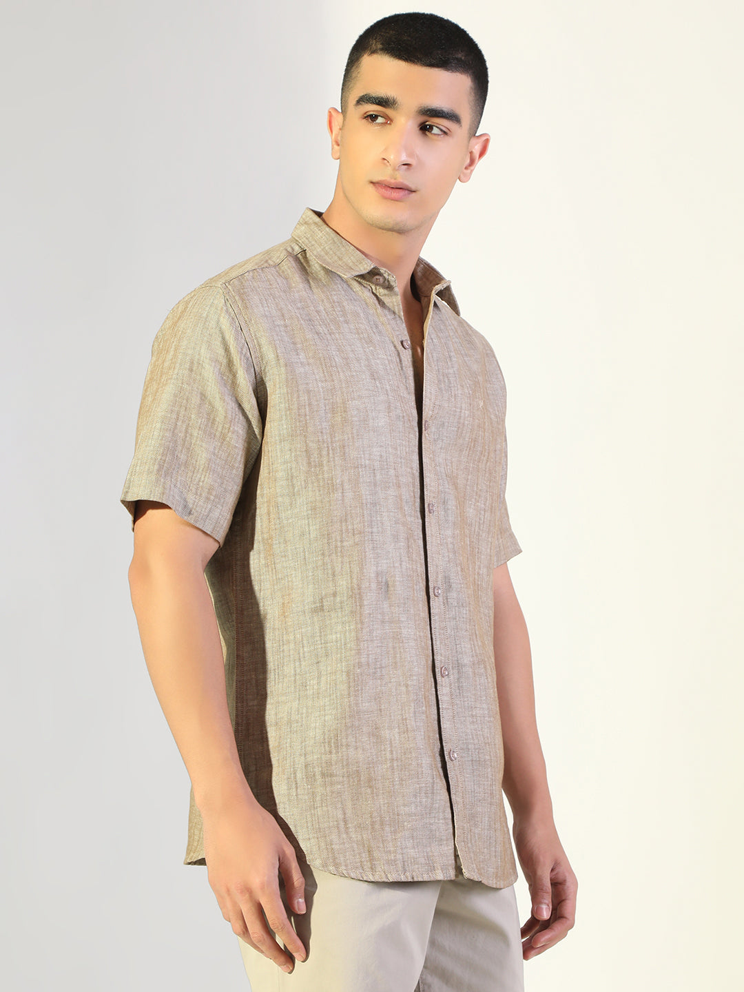 Men's Brown Regular Fit Short Sleeve Casual Cotton Linen Shirt