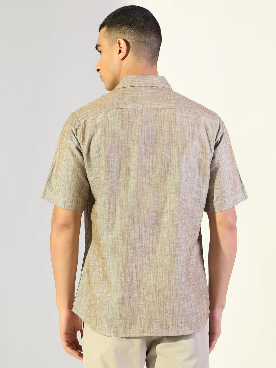 Men's Brown Regular Fit Short Sleeve Casual Cotton Linen Shirt