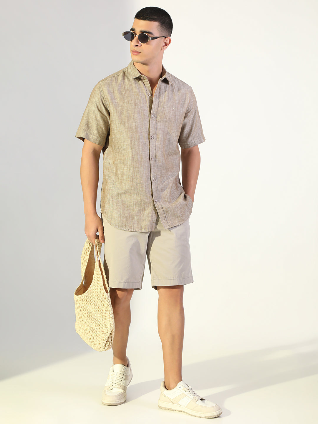 Men's Brown Regular Fit Short Sleeve Casual Cotton Linen Shirt