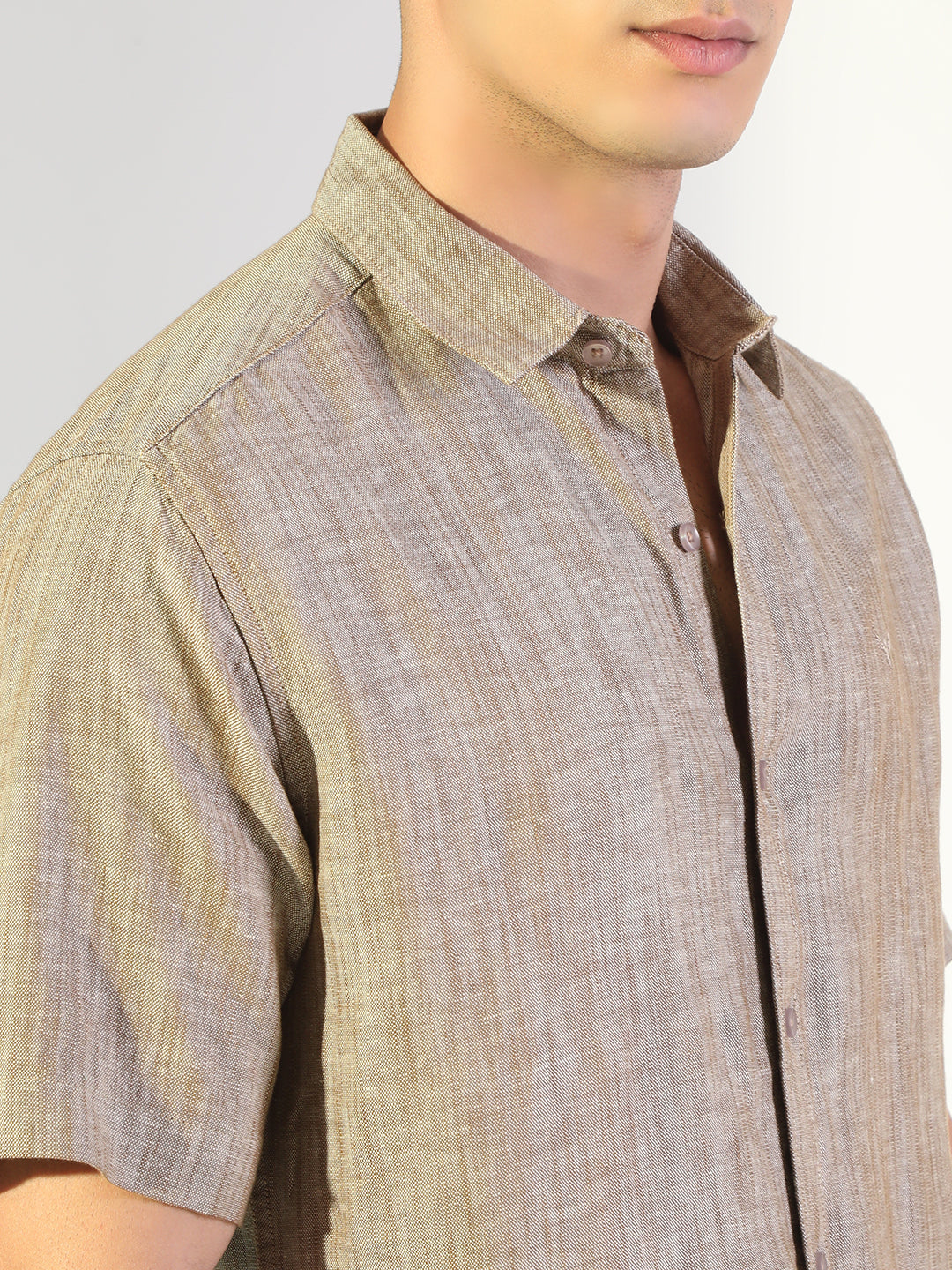 Men's Brown Regular Fit Short Sleeve Casual Cotton Linen Shirt