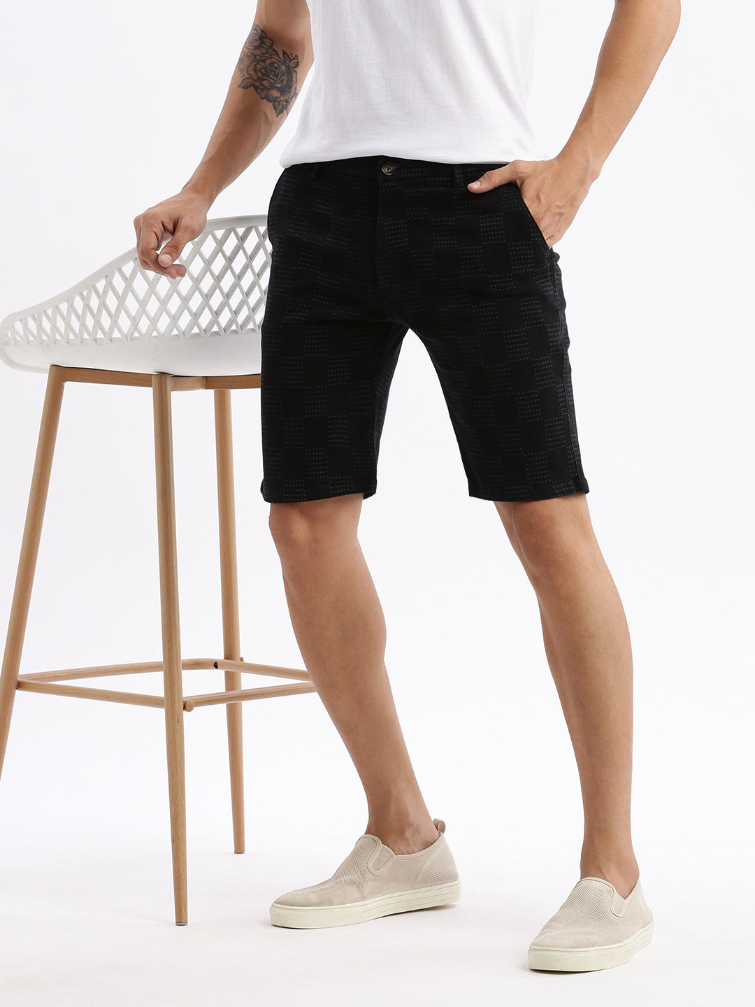 Men Geometric Black Denim Shorts