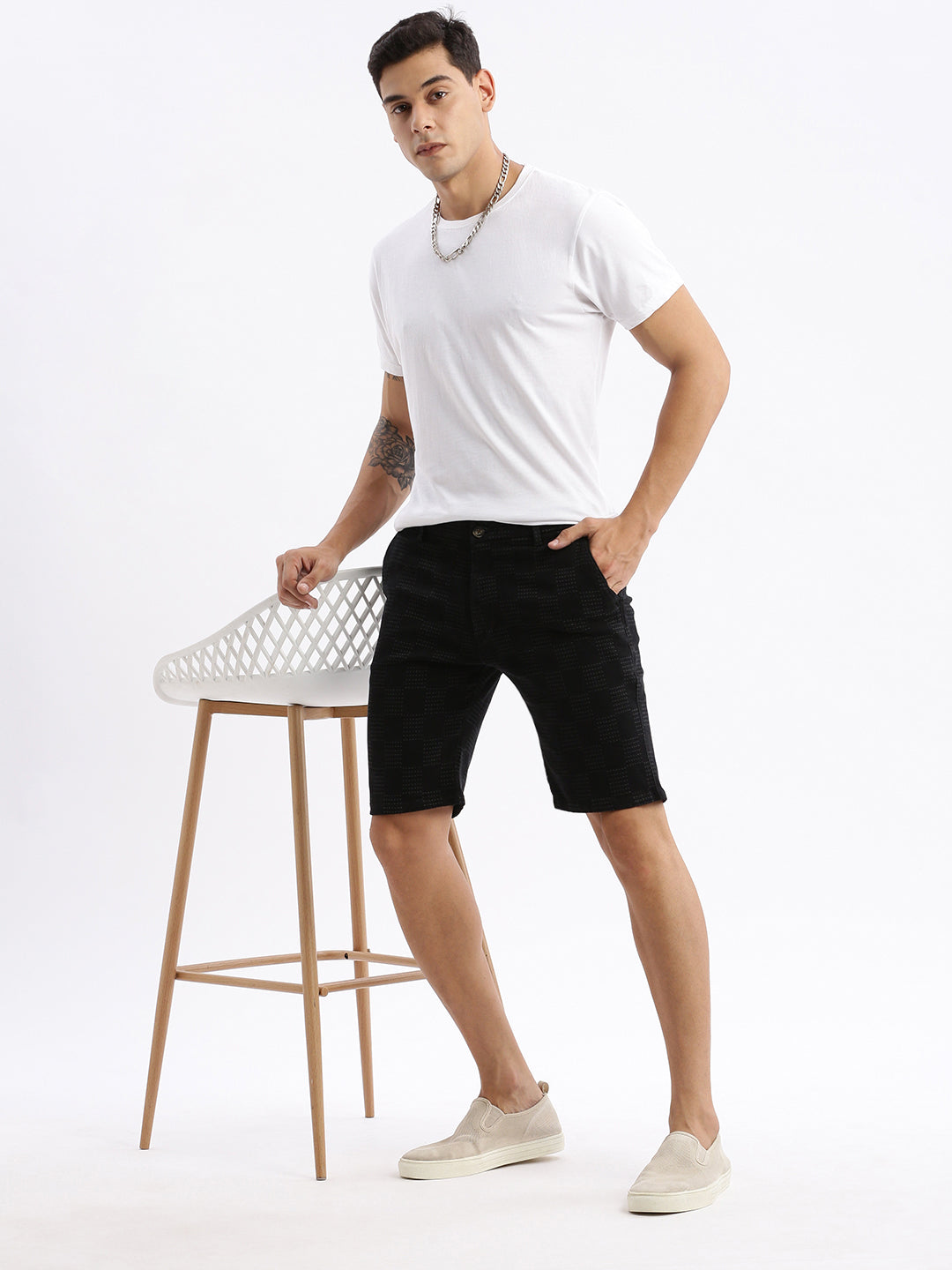 Men Geometric Black Denim Shorts