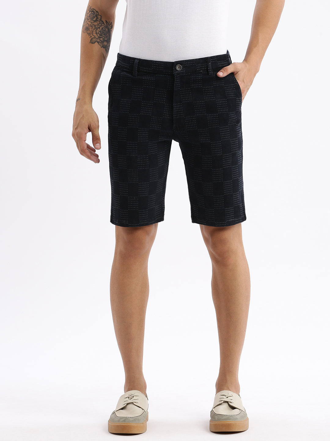 Men Geometric Navy Blue Denim Shorts