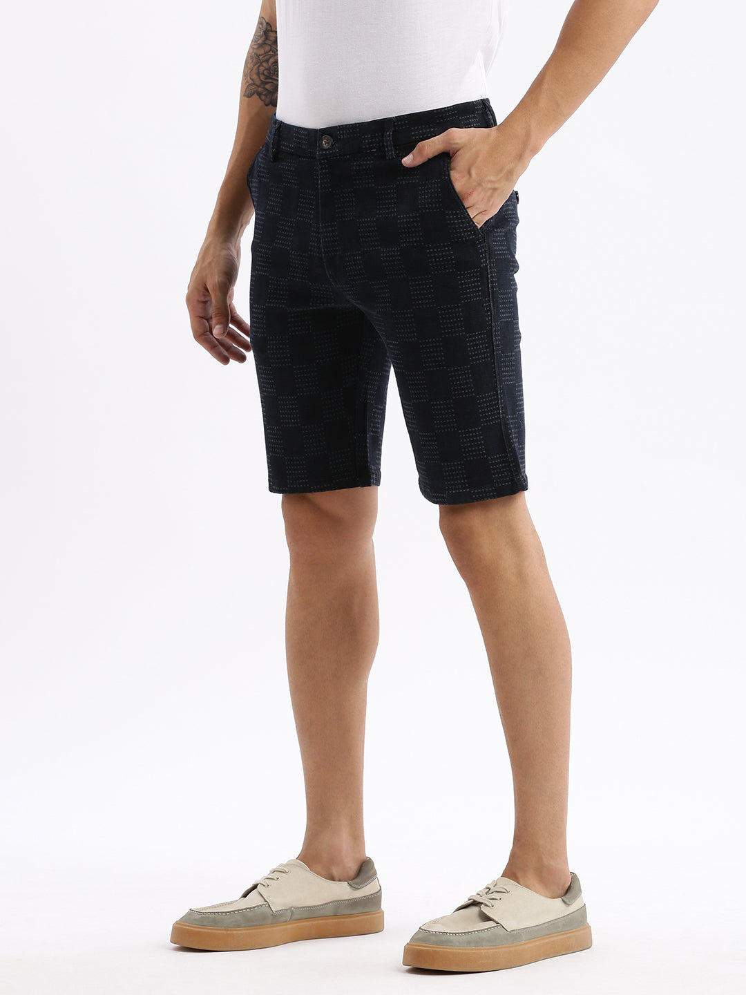 Men Geometric Navy Blue Denim Shorts