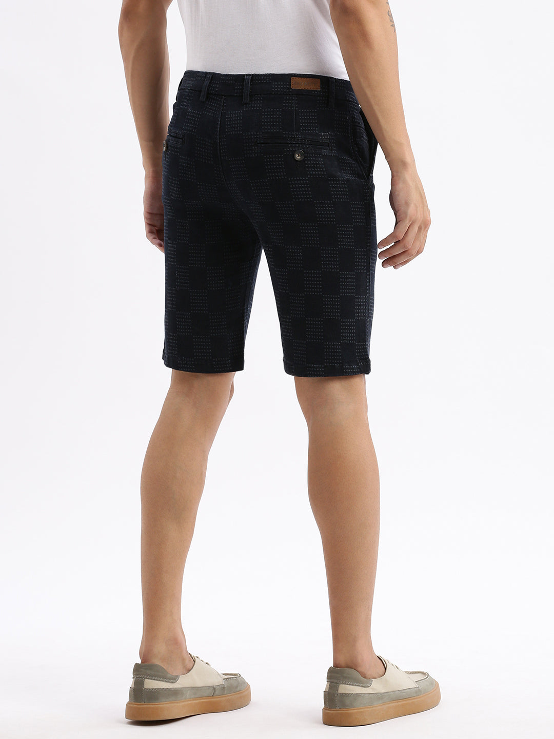 Men Geometric Navy Blue Denim Shorts