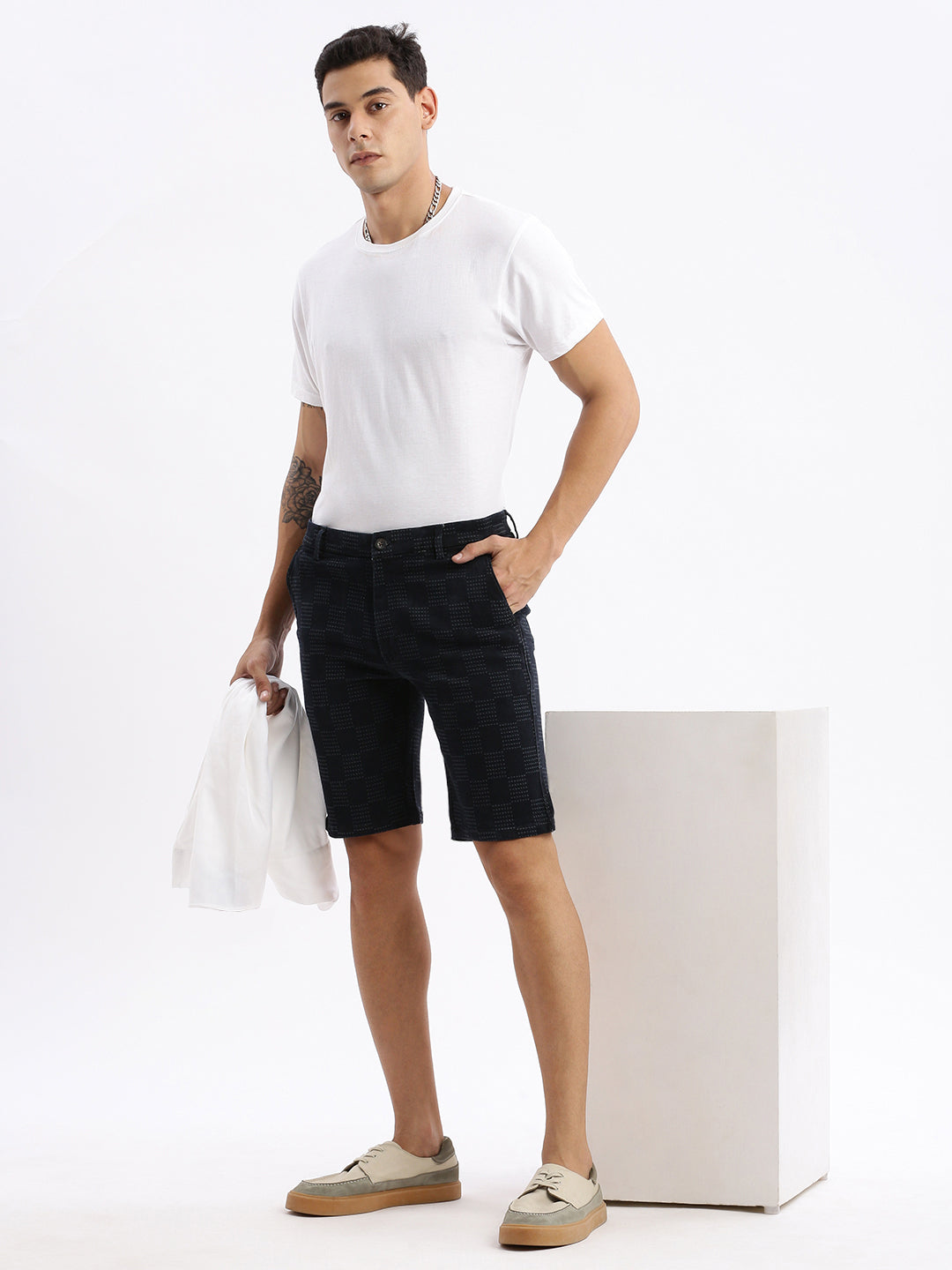 Men Geometric Navy Blue Denim Shorts