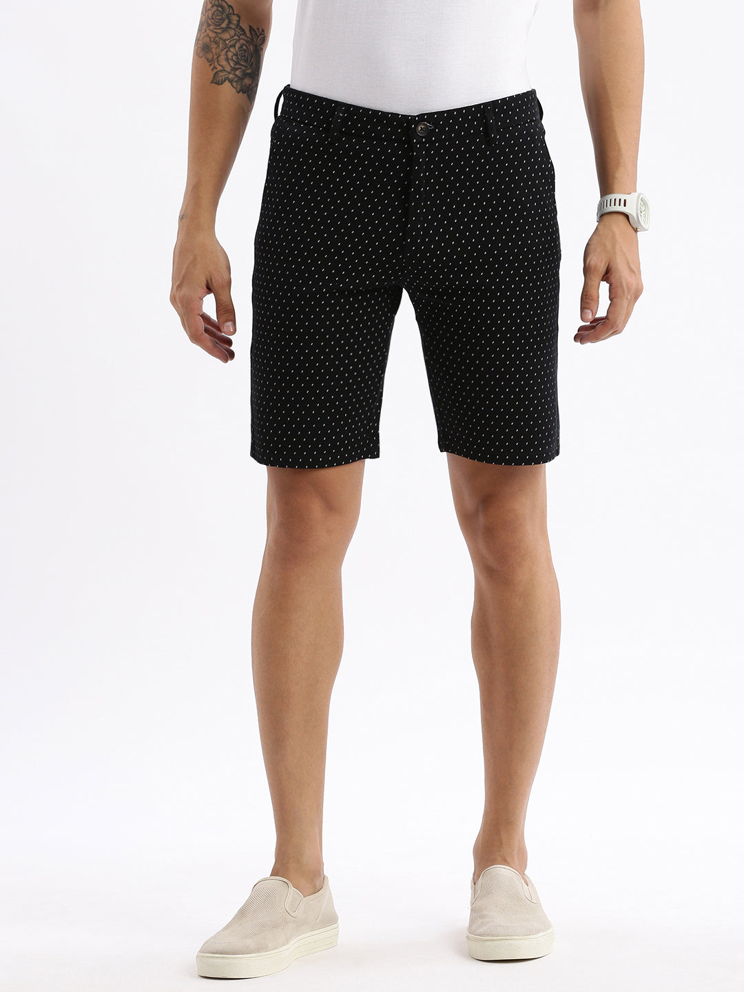 Men Geometric Black Cotton Shorts