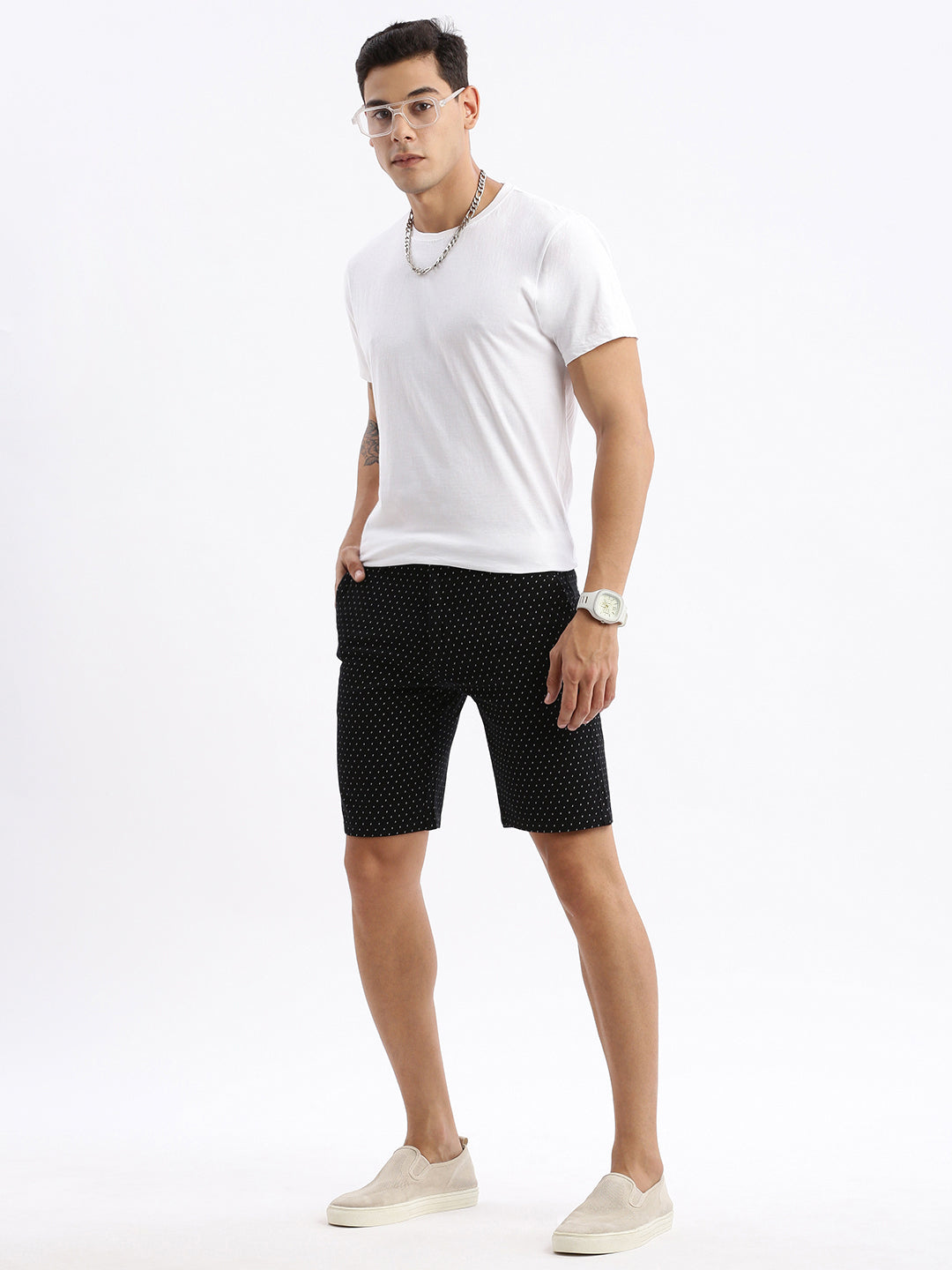 Men Geometric Black Cotton Shorts