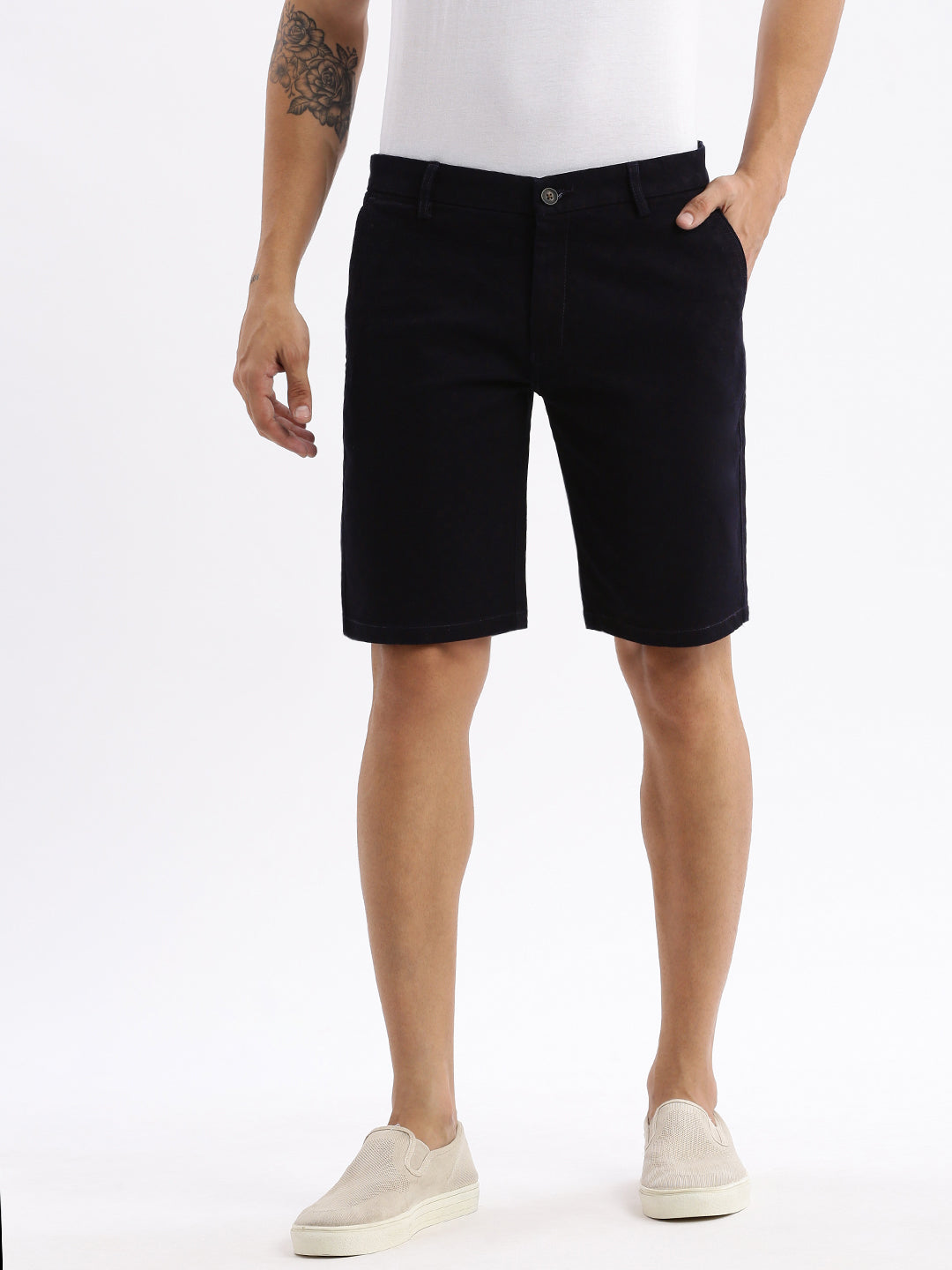 Men Geometric Navy Blue Denim Shorts