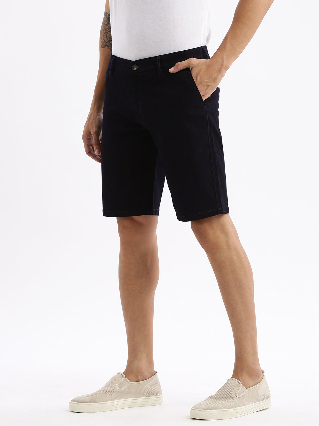 Men Geometric Navy Blue Denim Shorts