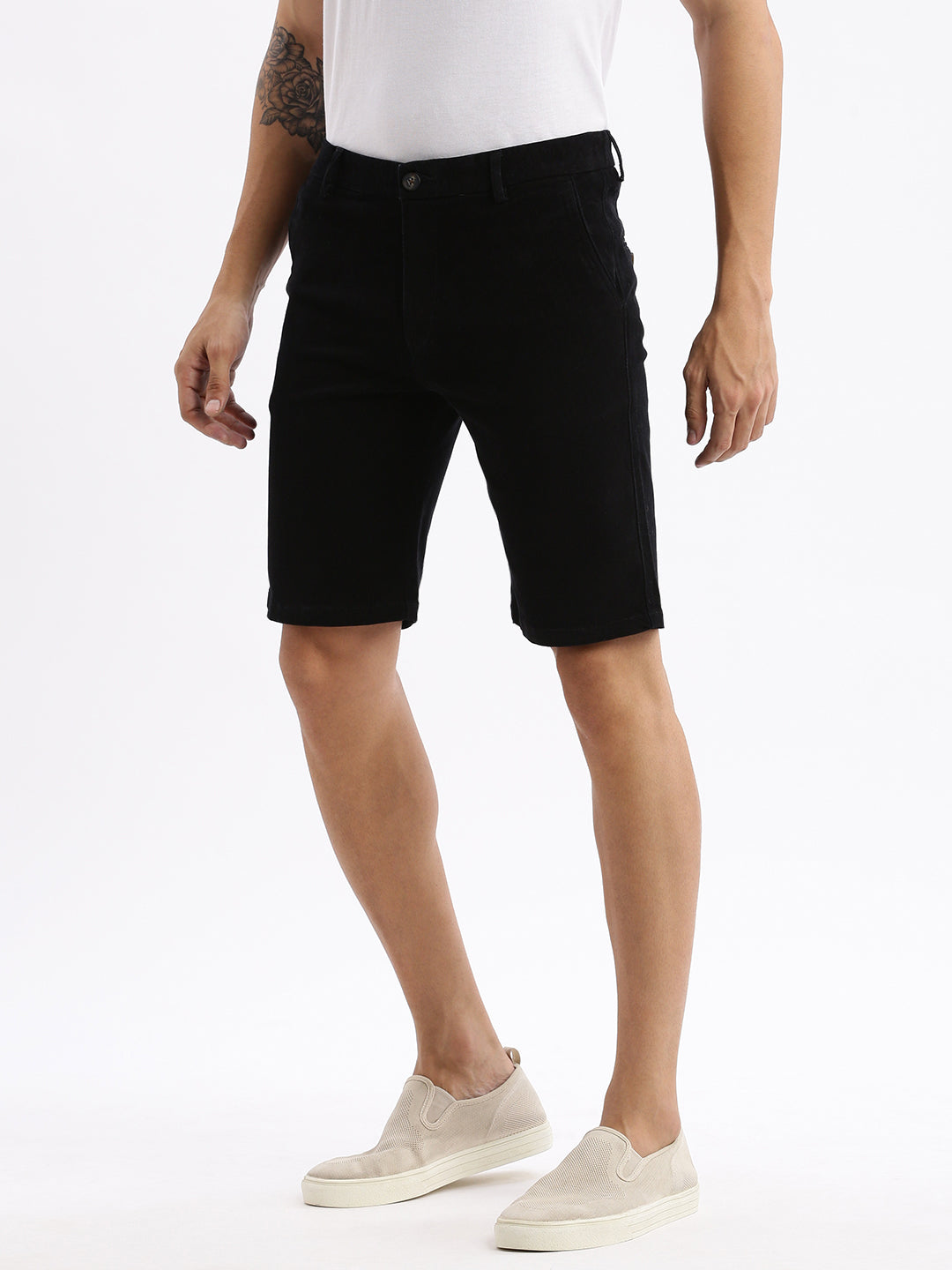 Men Solid Black Denim Shorts