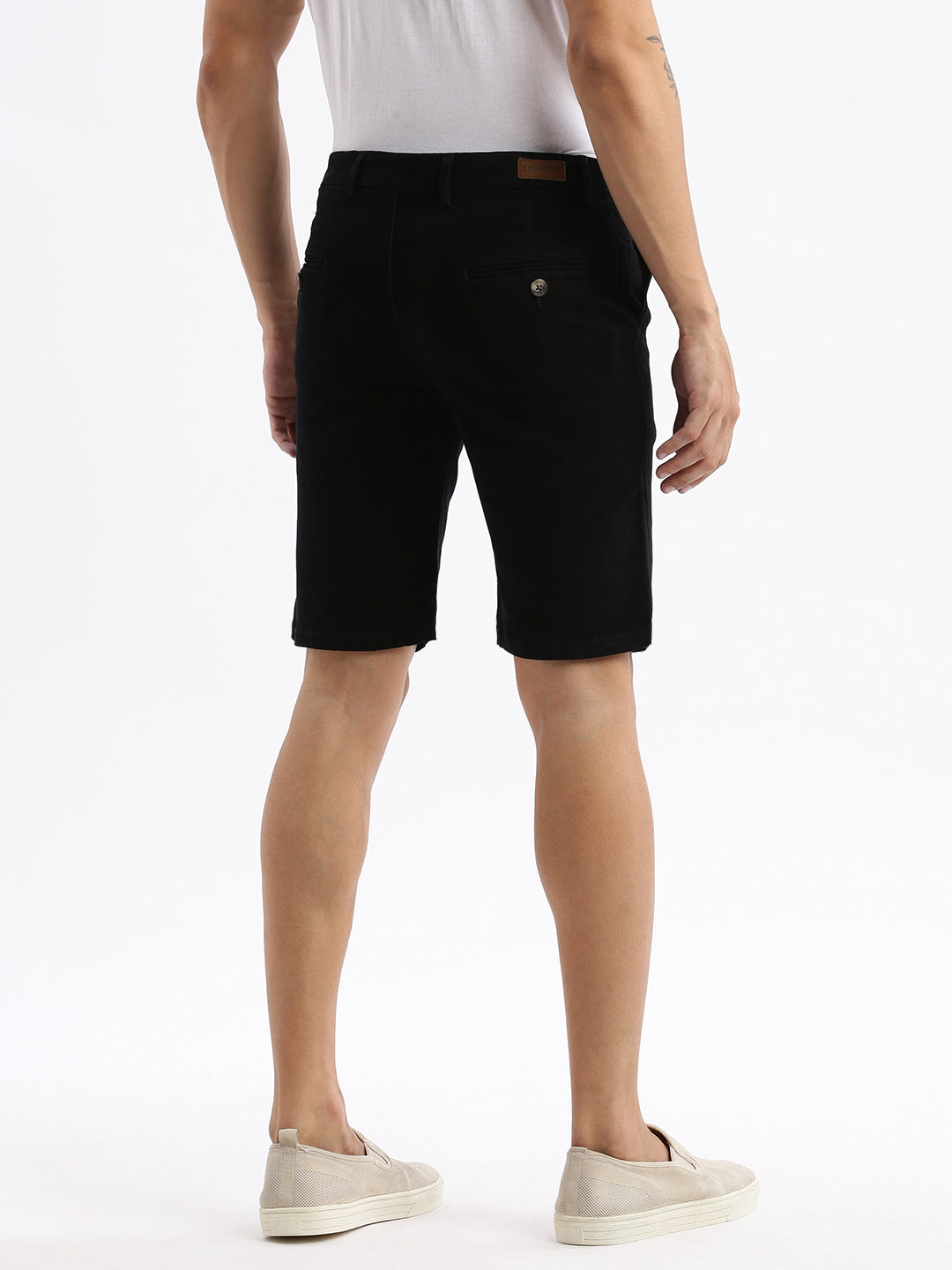 Men Solid Black Denim Shorts