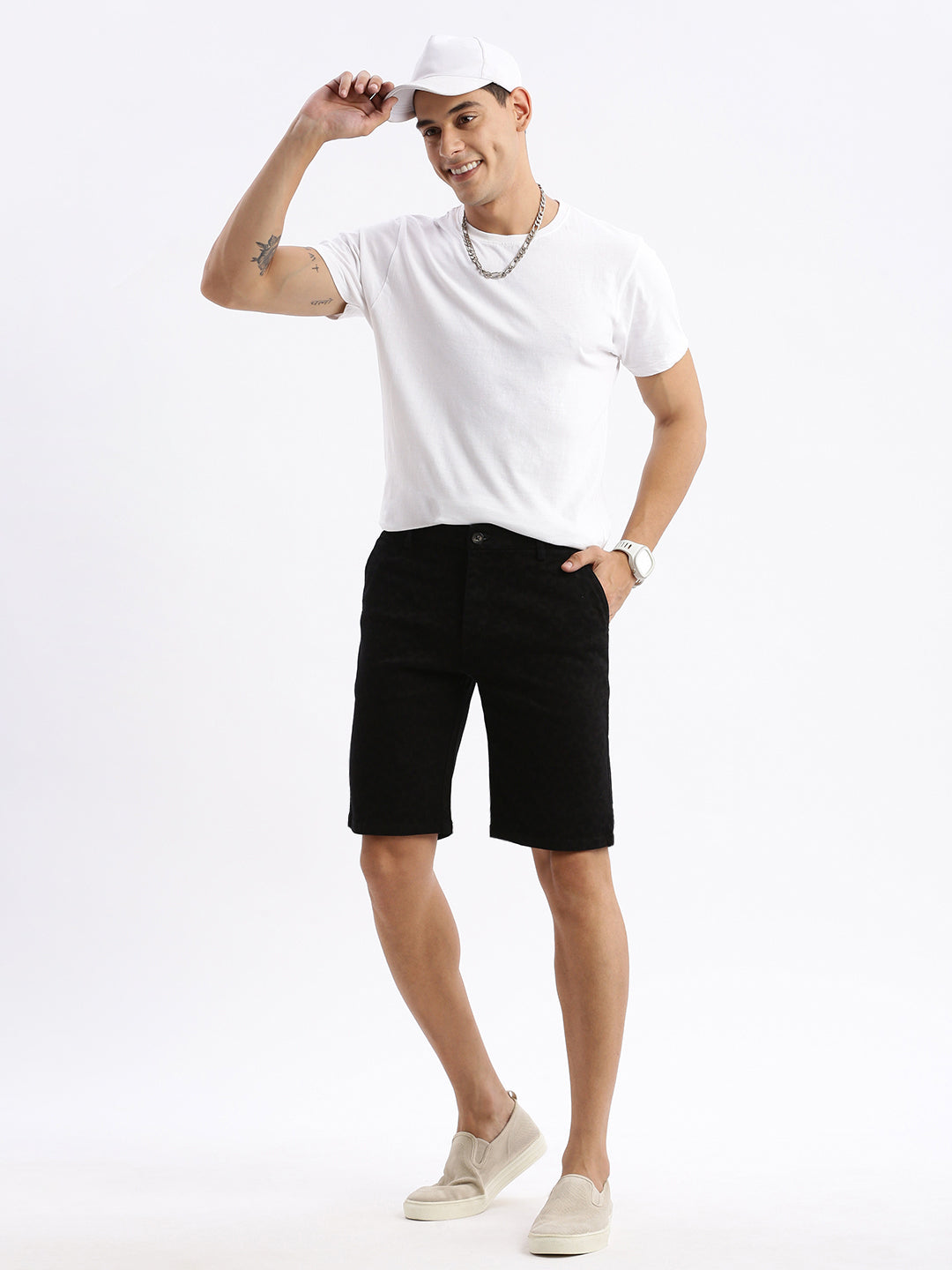 Men Geometric Black Denim Shorts