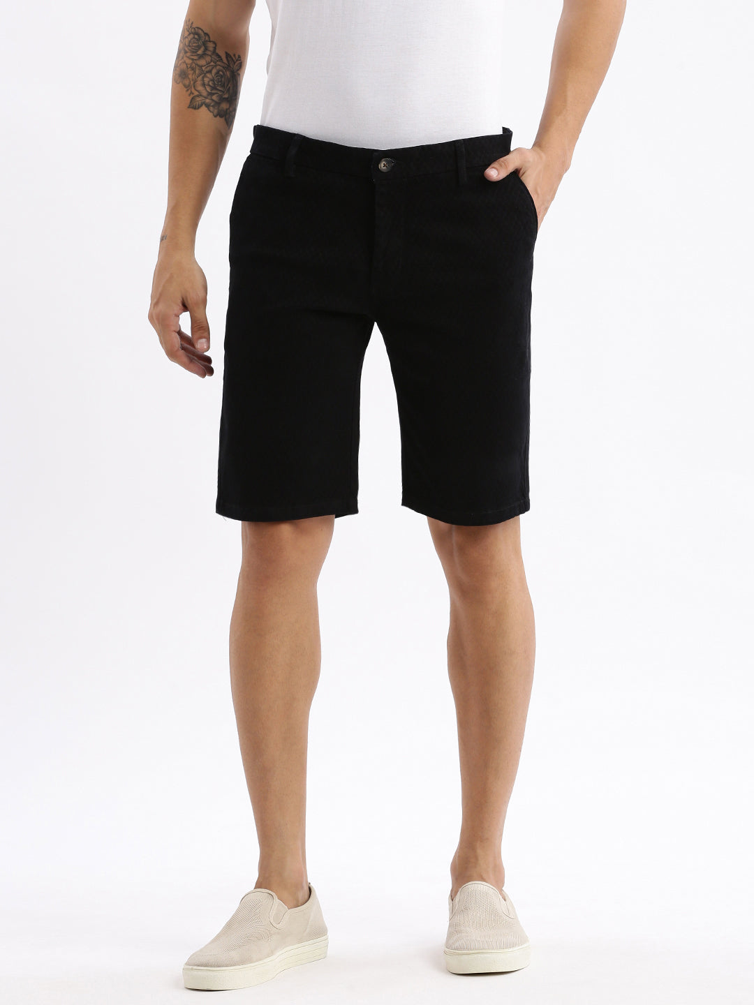 Men Geometric Black Cotton Shorts