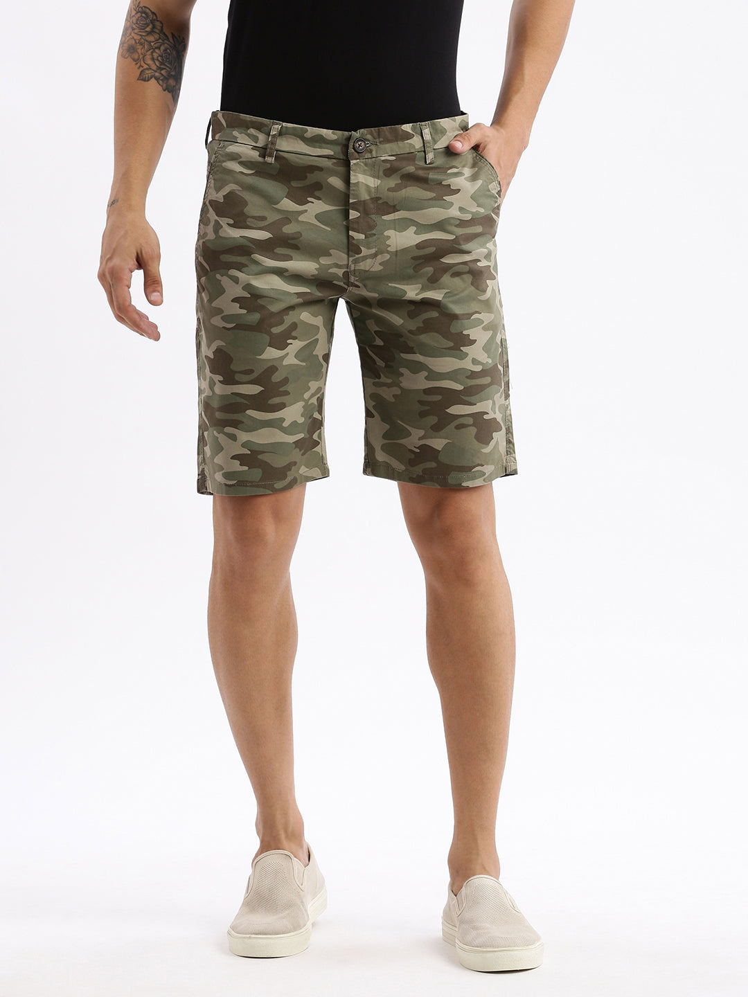 Men Camouflage Olive Cotton Shorts