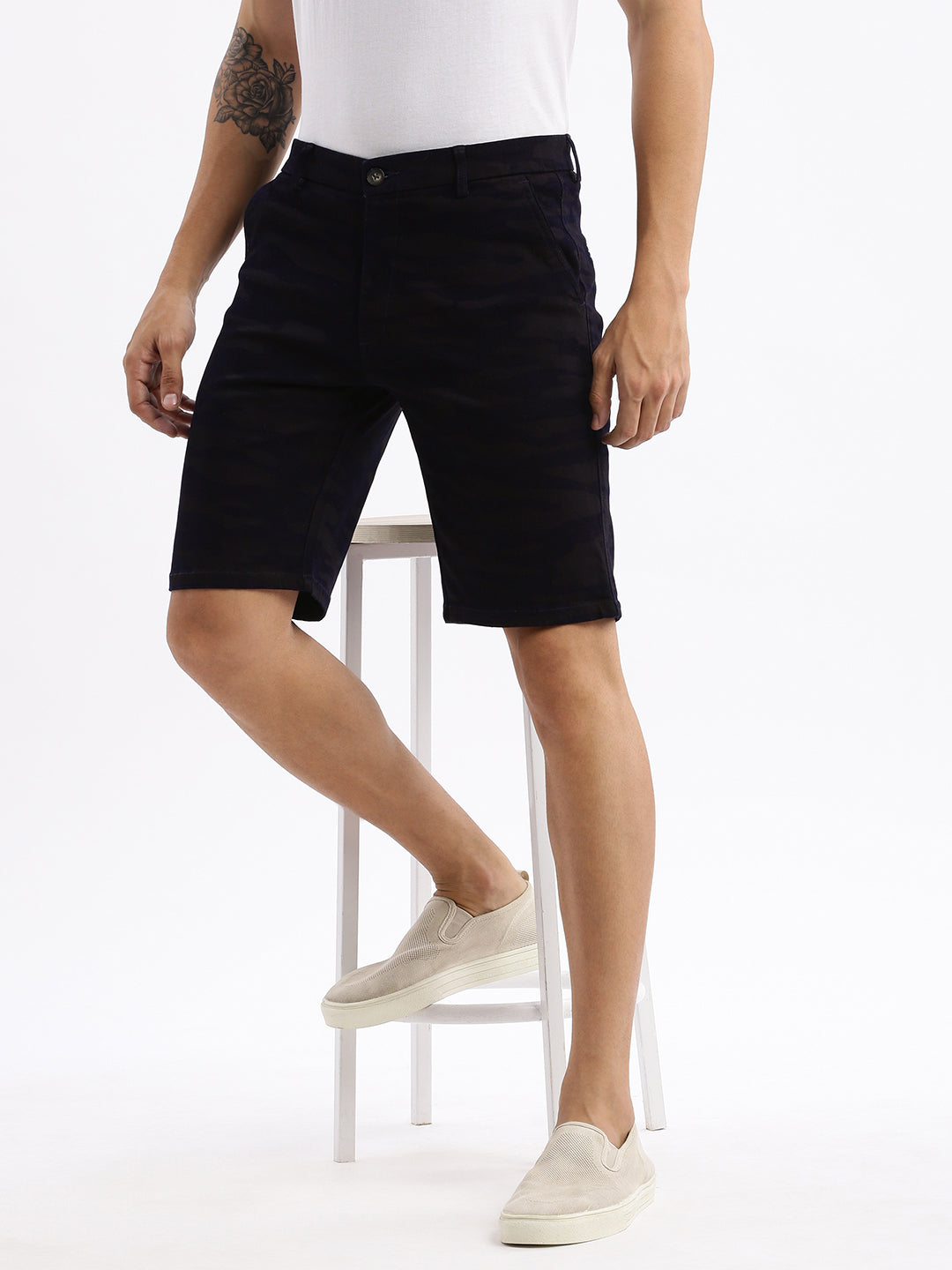 Men Camouflage Navy Blue Cotton Shorts