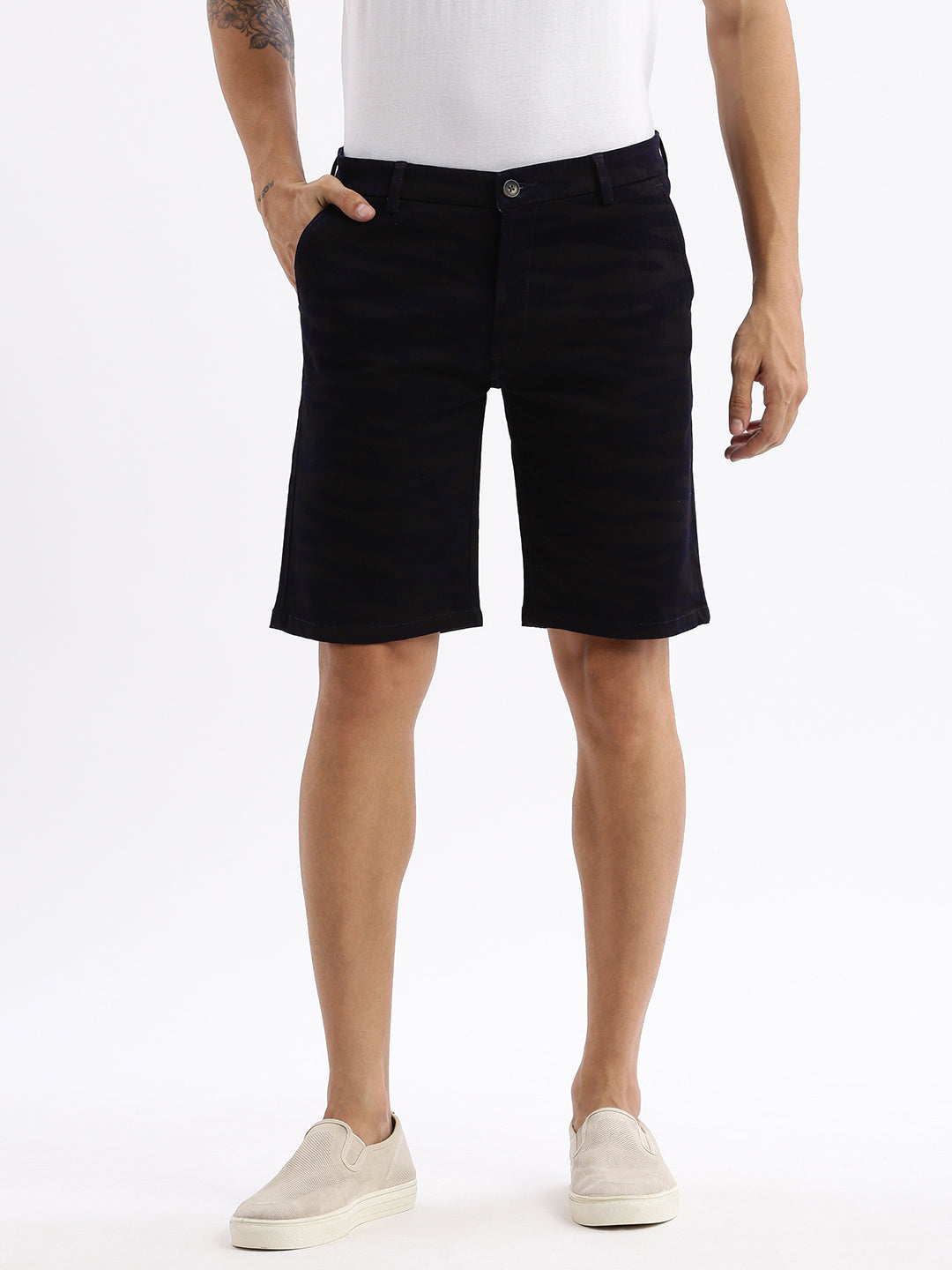 Men Camouflage Navy Blue Cotton Shorts