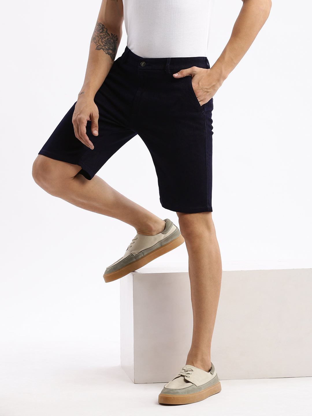 Men Abstract Navy Blue Denim Shorts