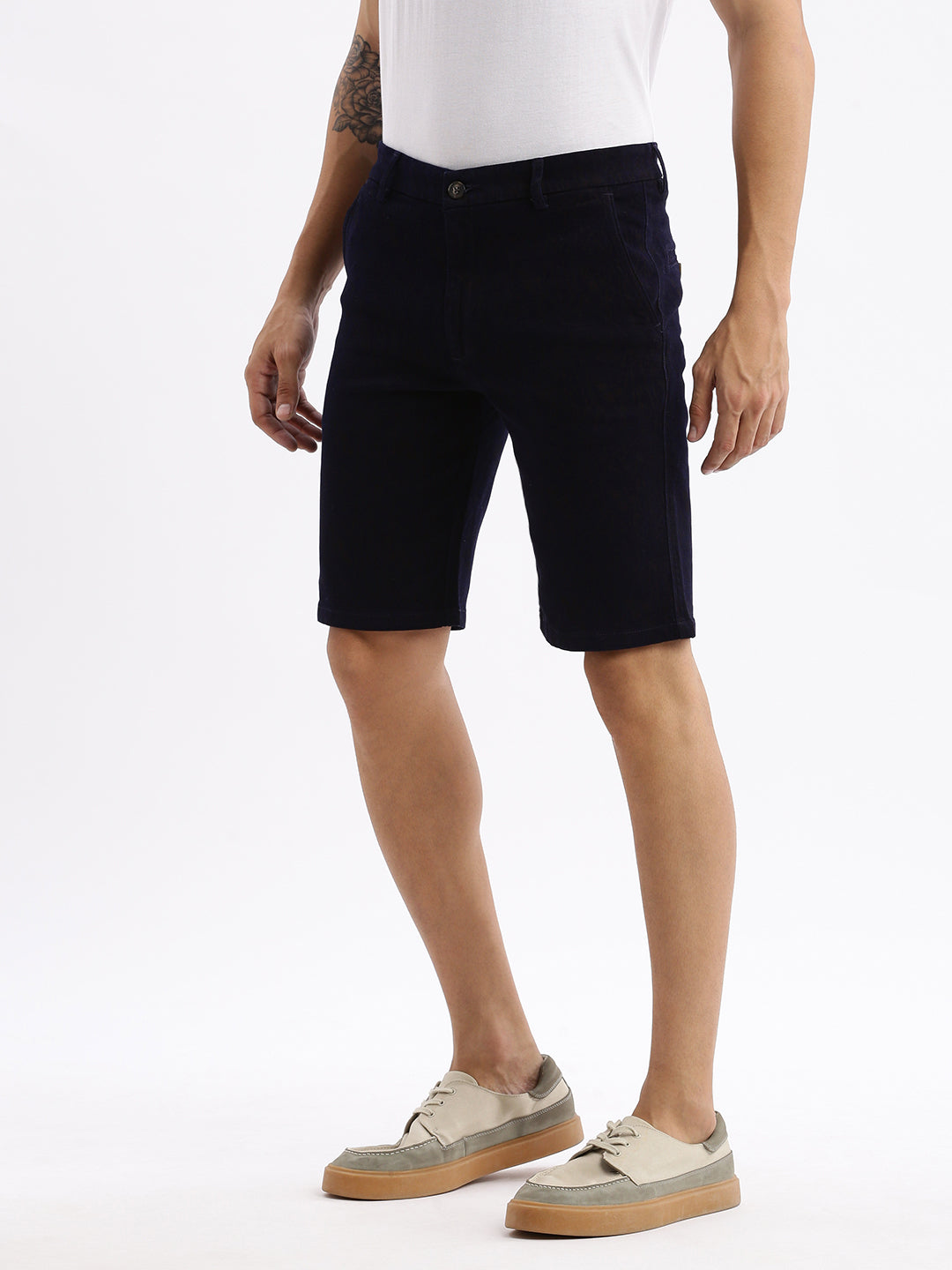 Men Abstract Navy Blue Denim Shorts