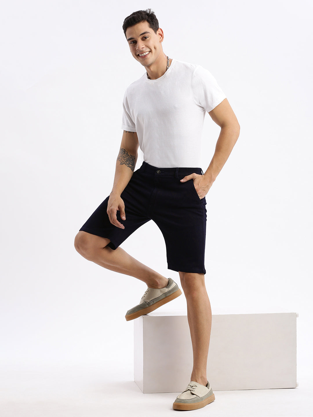 Men Abstract Navy Blue Denim Shorts