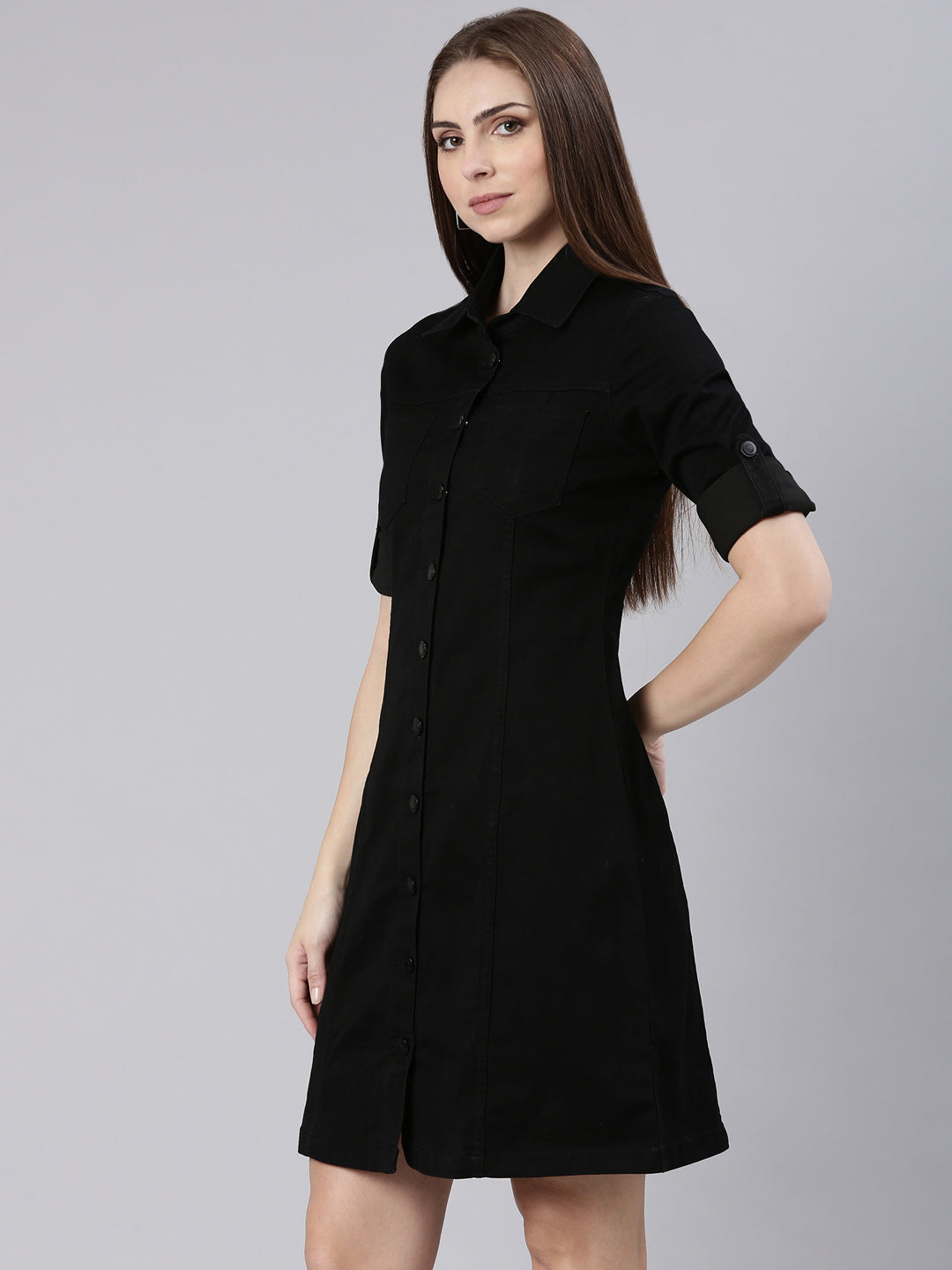 Women Black Solid Shirt Dress