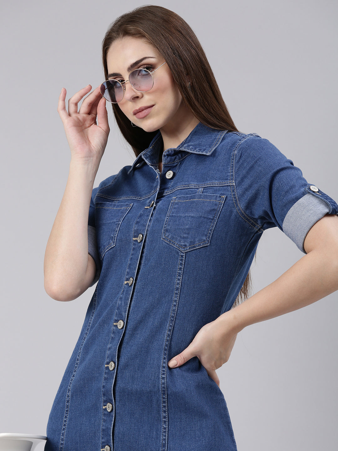 Women Blue Solid Shirt Dress