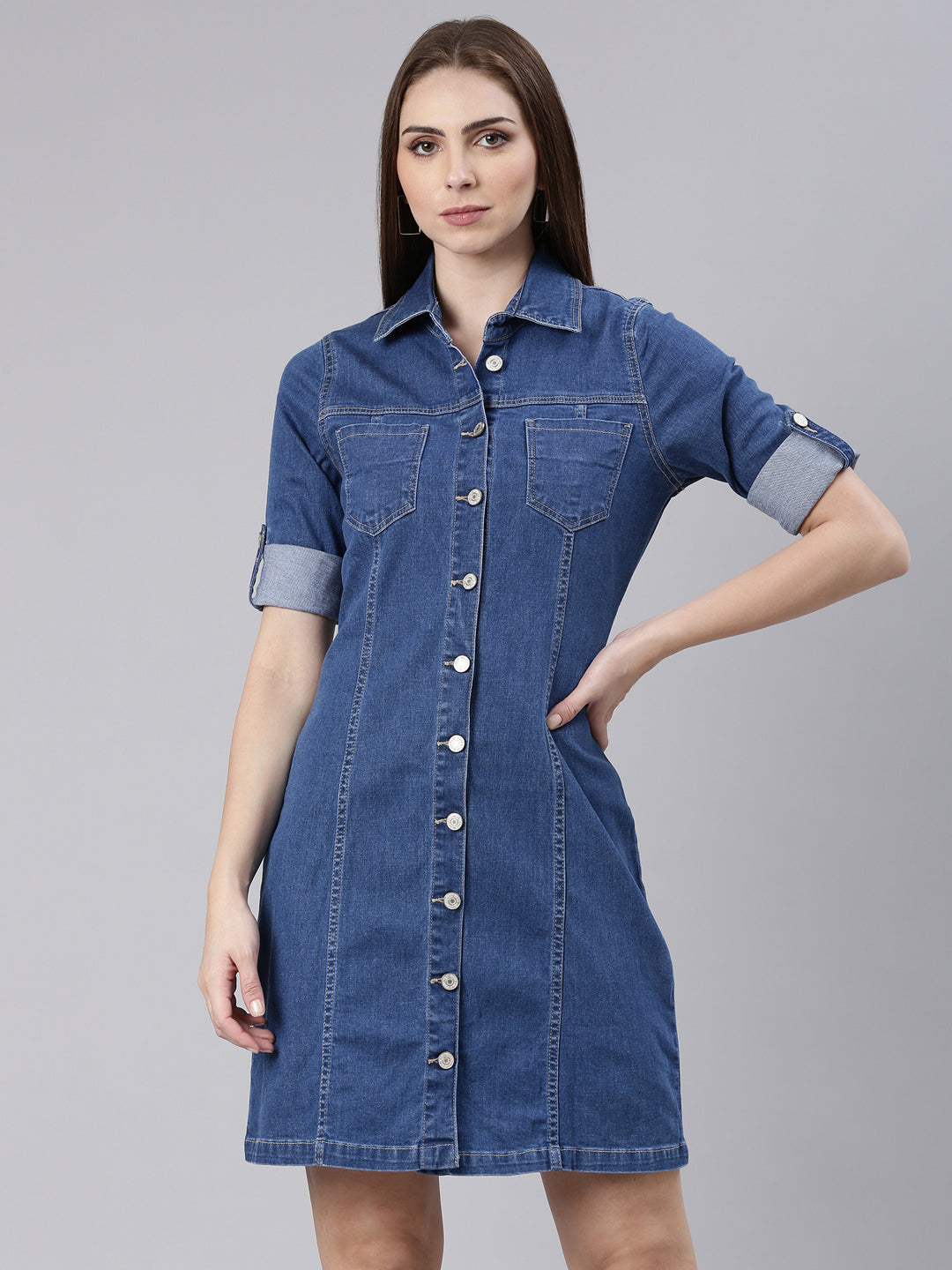 Women Blue Solid Shirt Dress