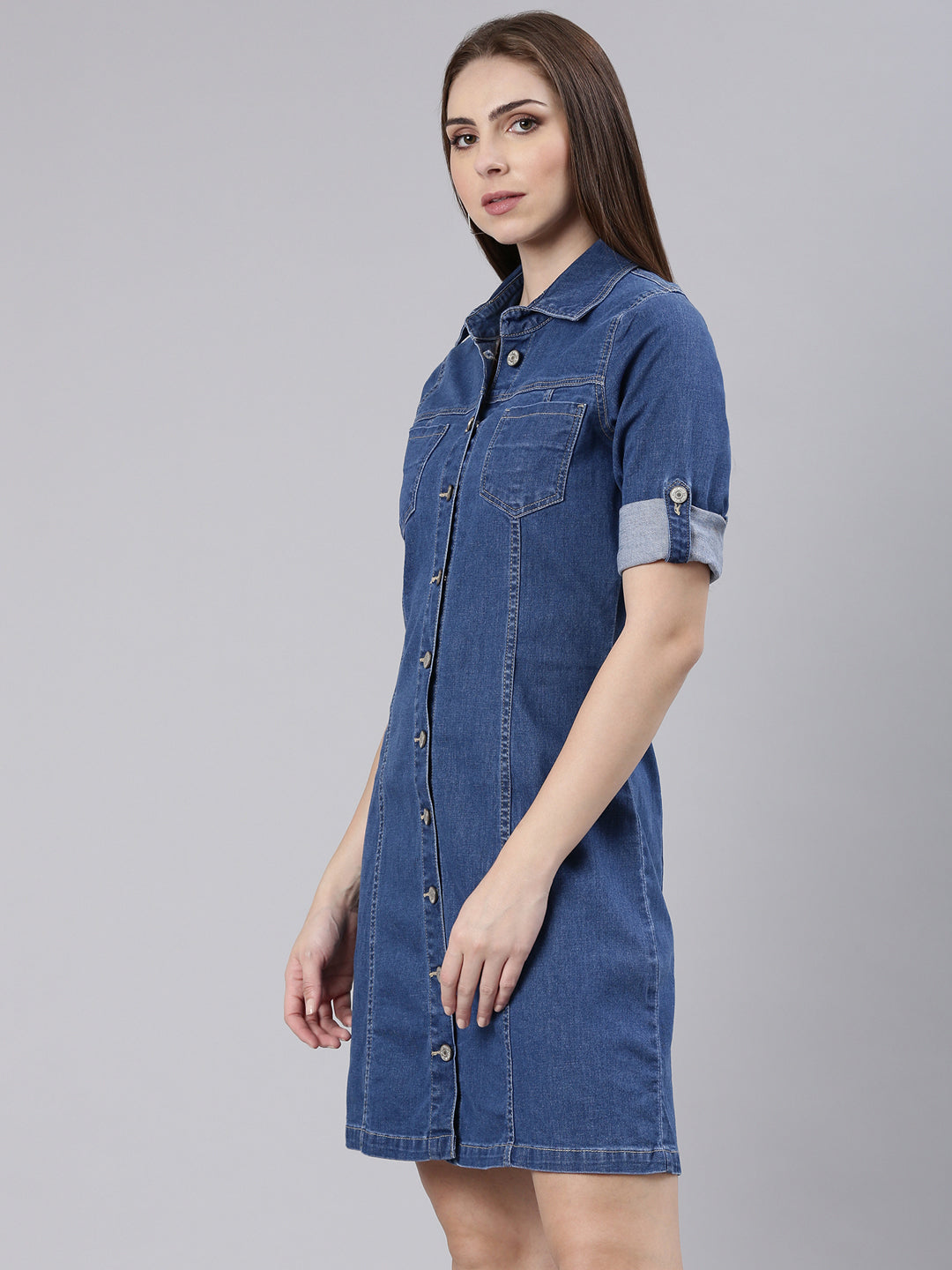 Women Blue Solid Shirt Dress