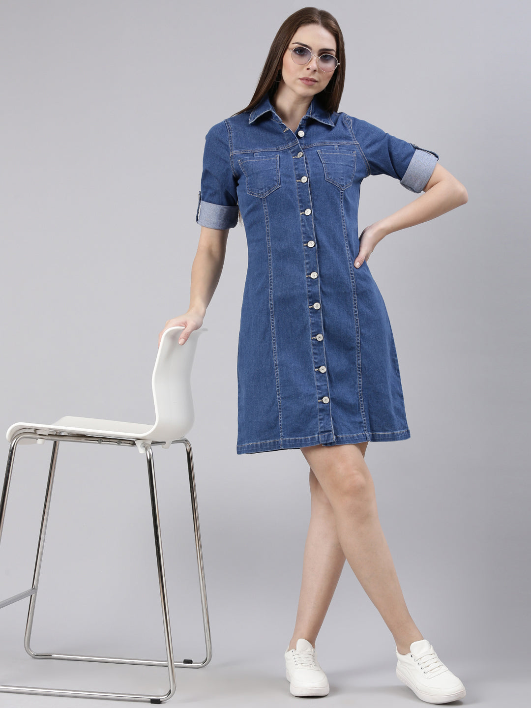 Women Blue Solid Shirt Dress