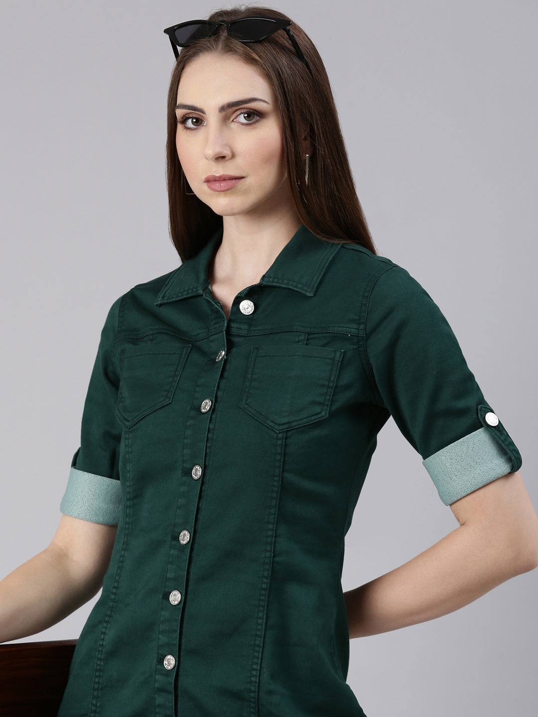 Women Green Solid Shirt Dress