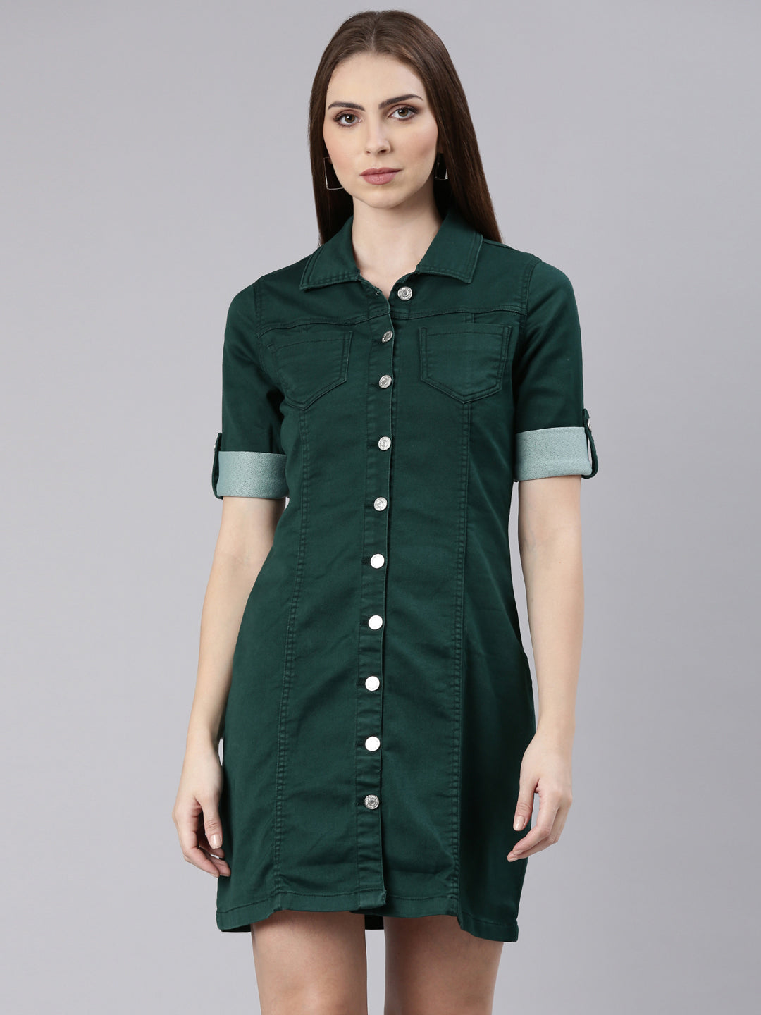 Women Green Solid Shirt Dress